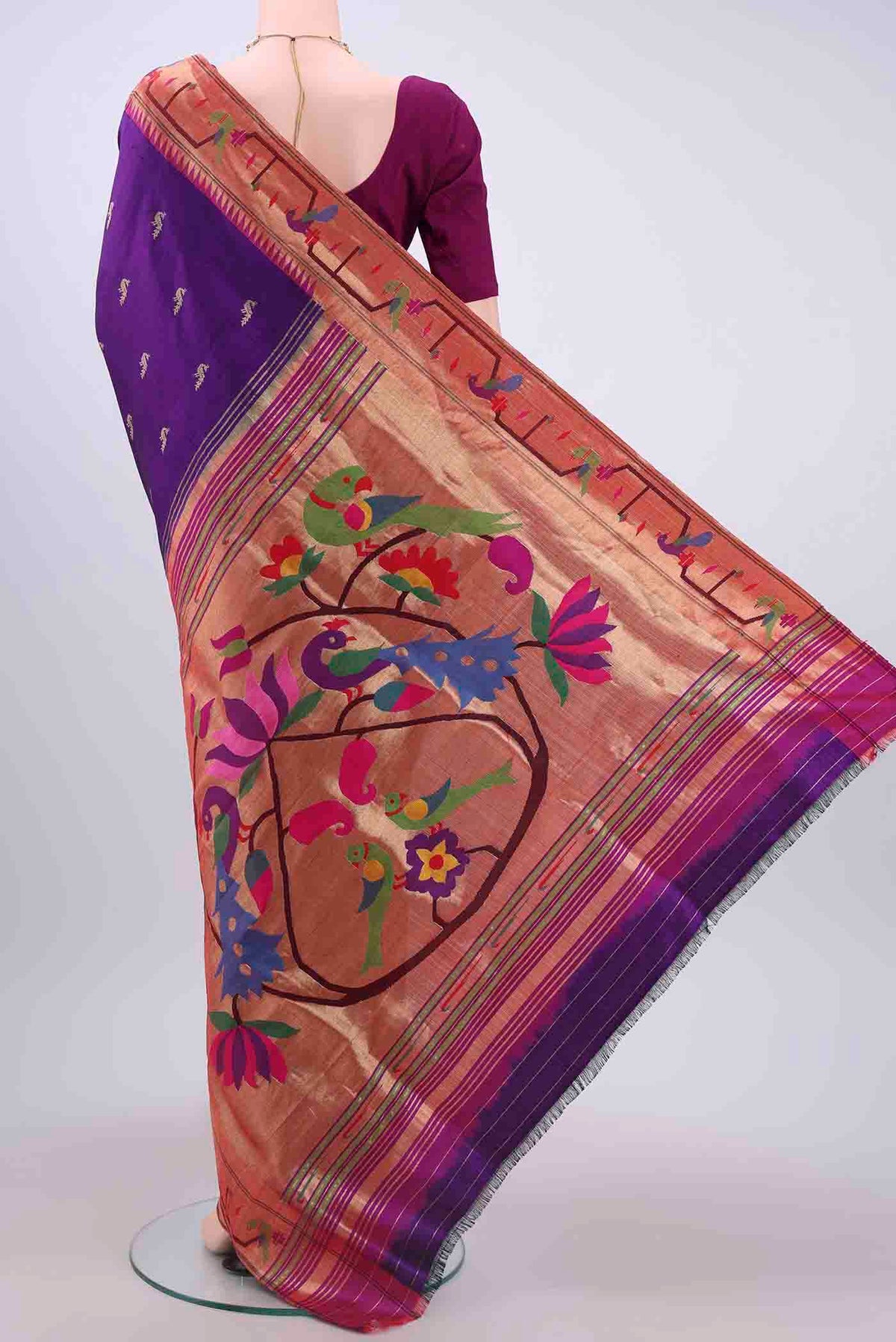 Flat view of Purple Paithani Silk Saree with Zari Butta on the body and Zari Border
