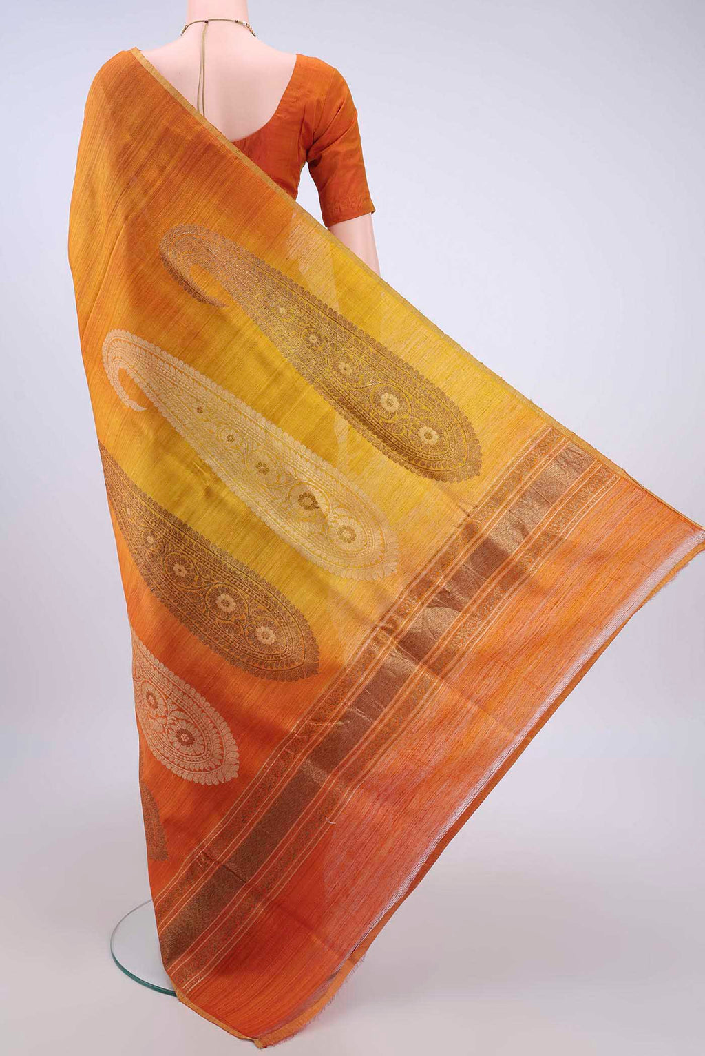 Flat view of Yellow Dual Tone Banarasi Raw Silk Saree with Zari Butta on the body and Zari Border