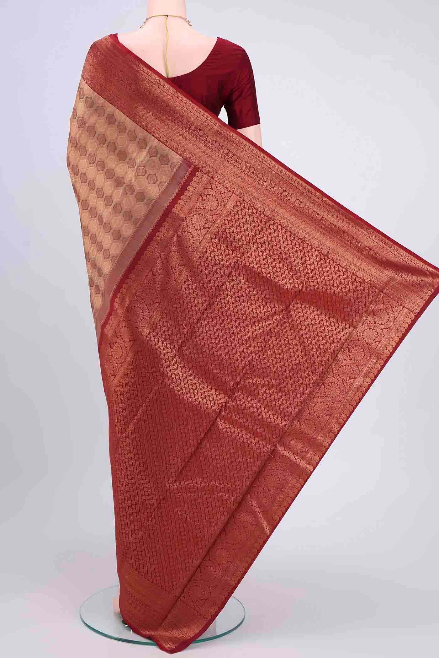 Flat view of Bronze Kanchipuram Saree with Zari Brocade on the body and Zari Border