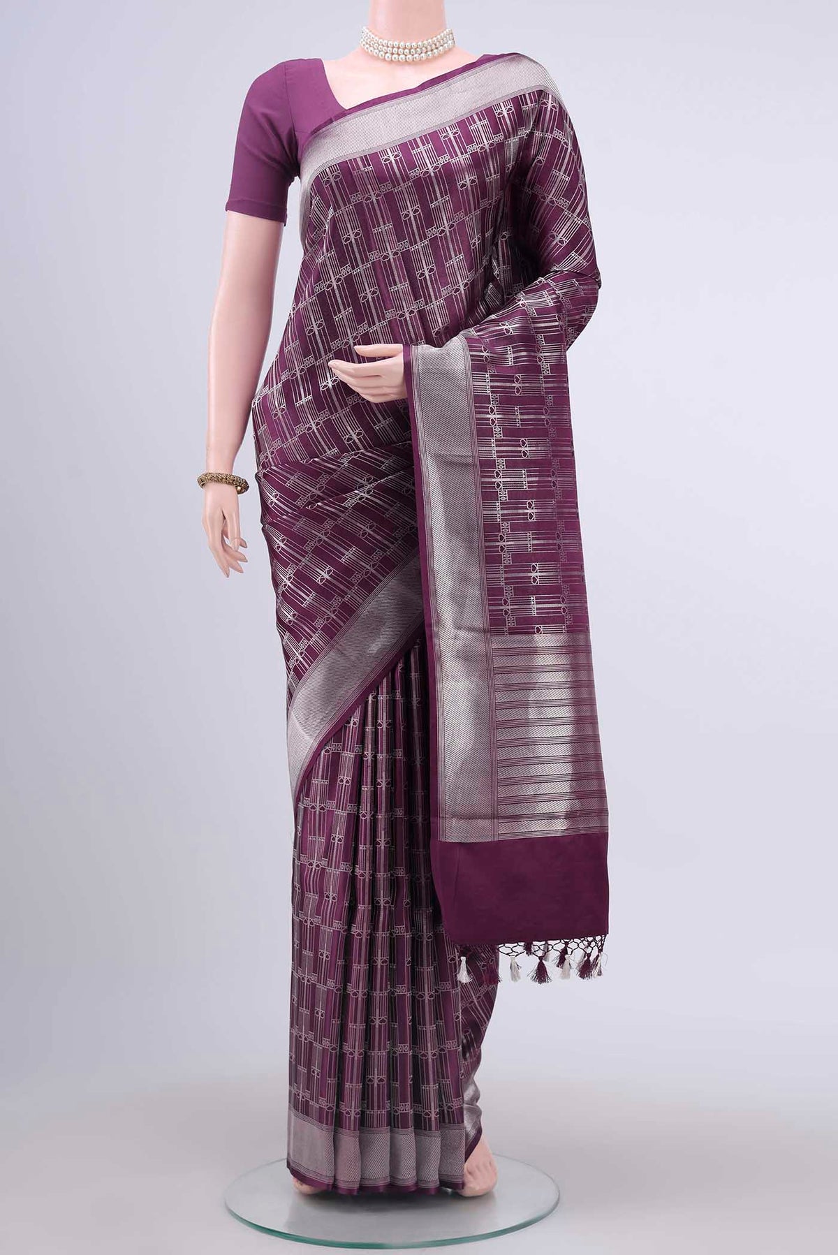 Burgundy Dual Tone Banarasi Silk Saree with Zari Brocade on the body and Zari Border displayed on a mannequin