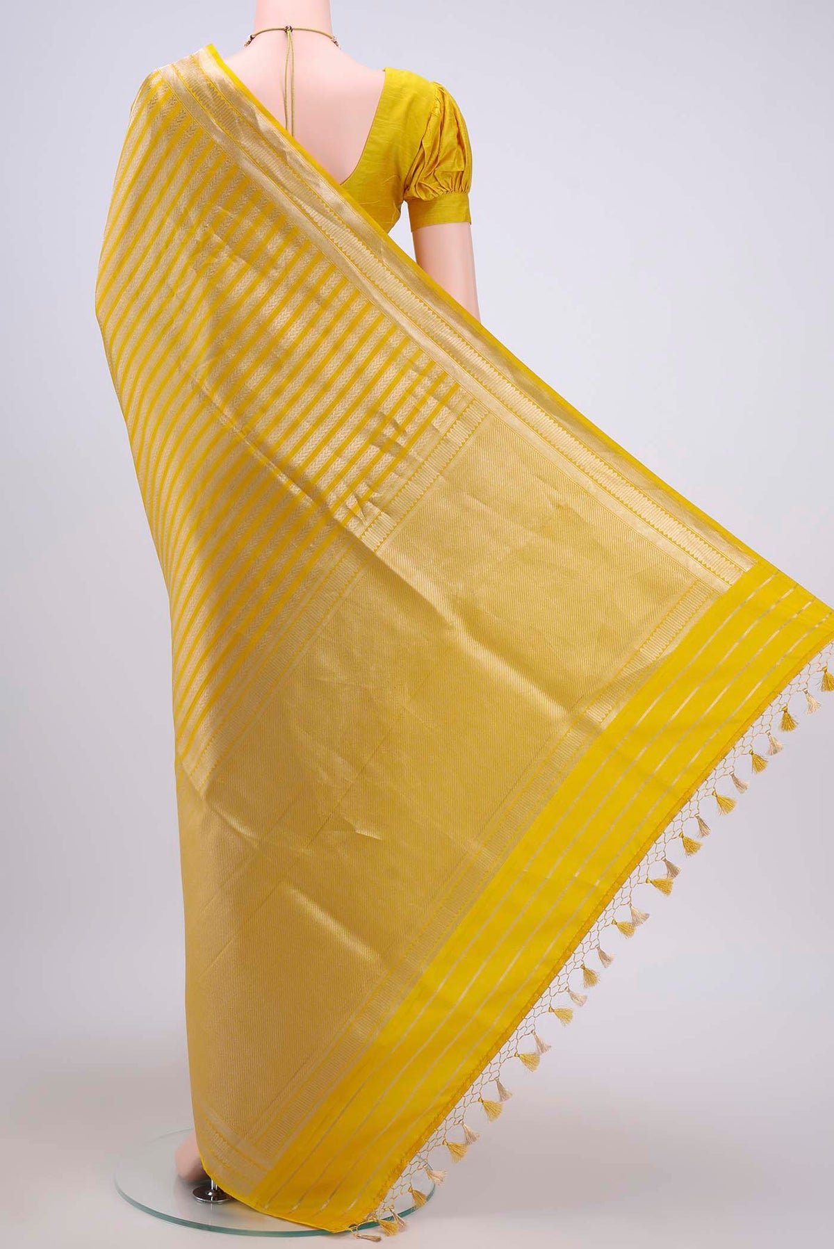 Flat view of Lemon Yellow Dual Tone Banarasi Silk Saree with Zari Brocade on the body and Zari Border
