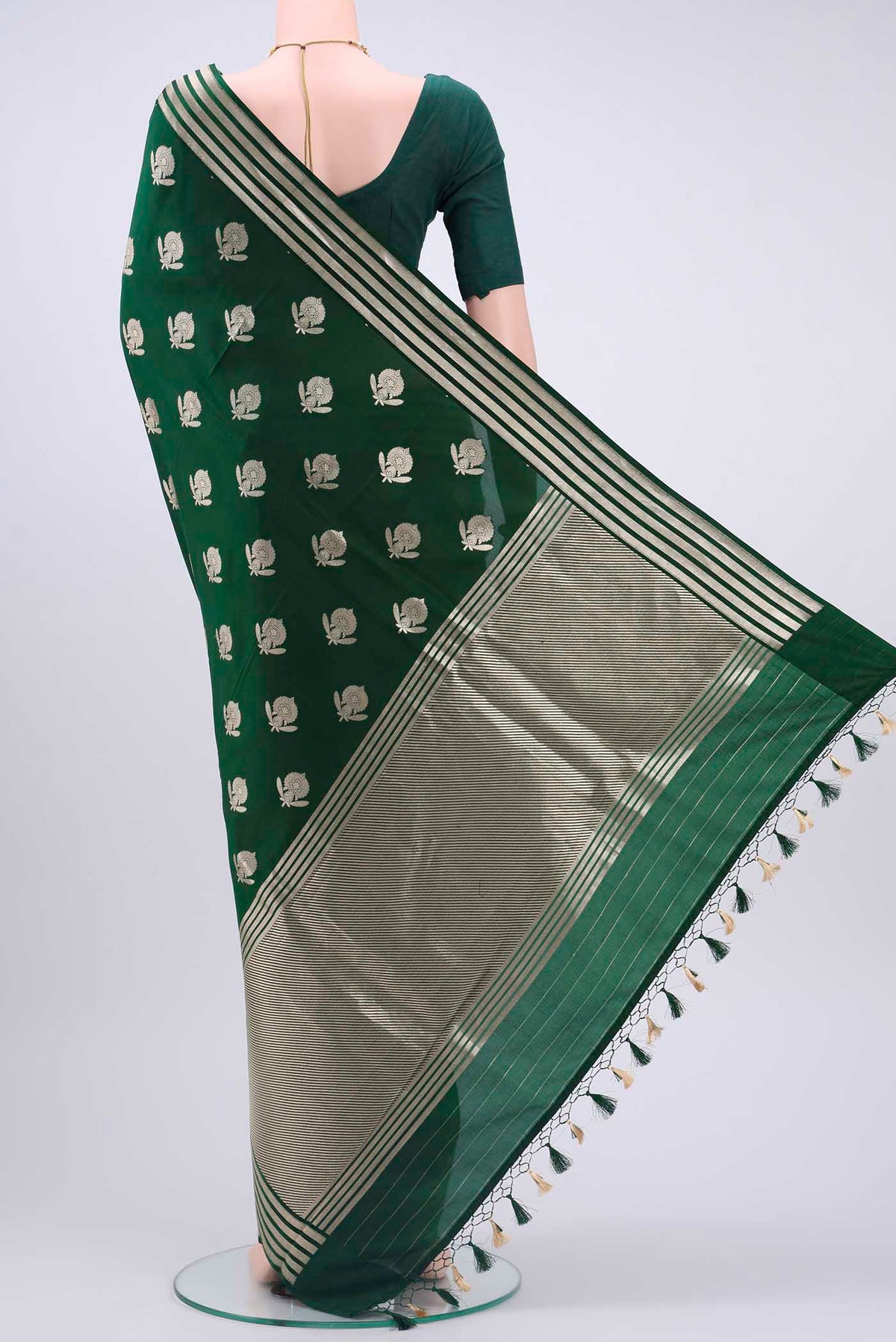 Flat view of Bottle Green Dual Tone Banarasi Silk Saree with Zari Butta on the body and Zari Border