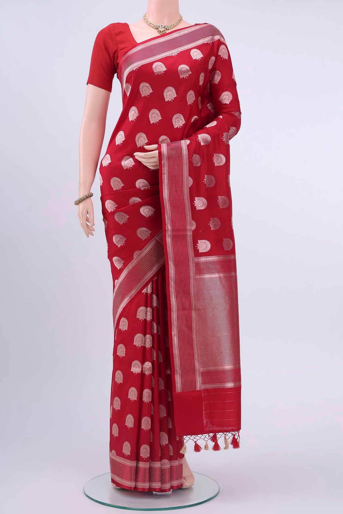 Red Dual Tone Banarasi Silk Saree with Zari Butta on the body and Zari Border displayed on a mannequin