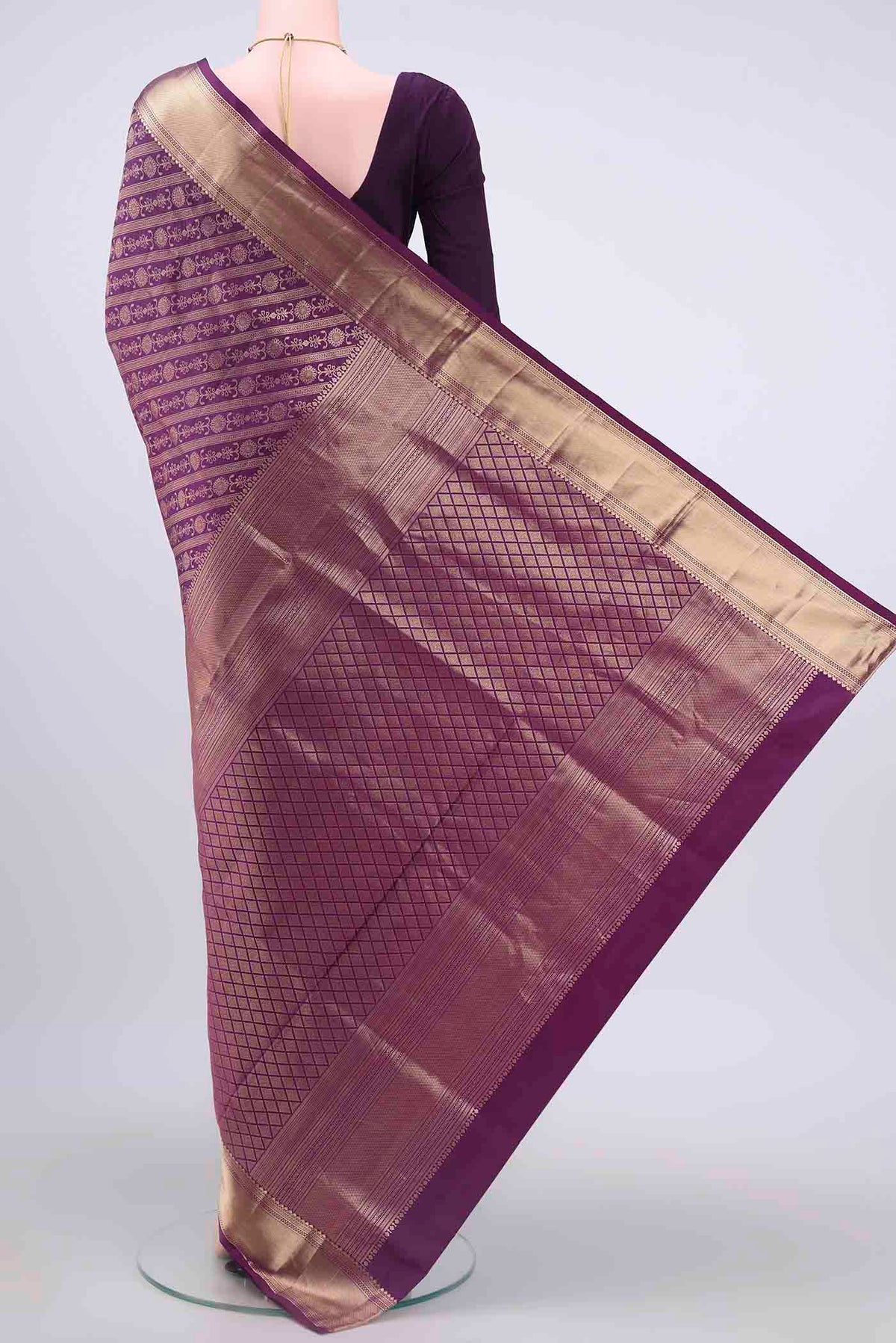 Flat view of Violet Soft Silk Saree with Zari Brocade on the body and Zari Border