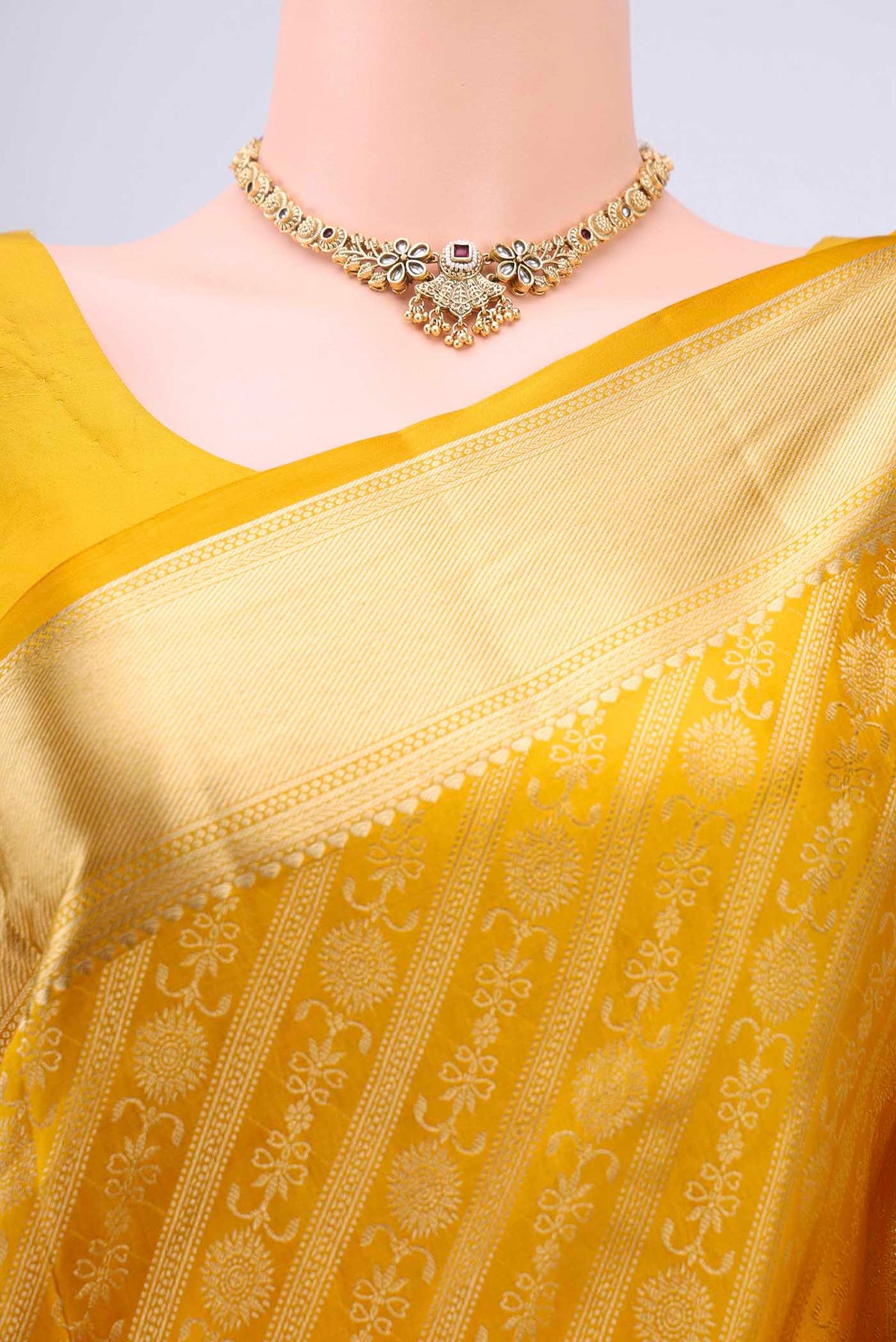 Border image of Yellow Dual Tone Soft Silk Saree with Zari Brocade on the body and Zari Border