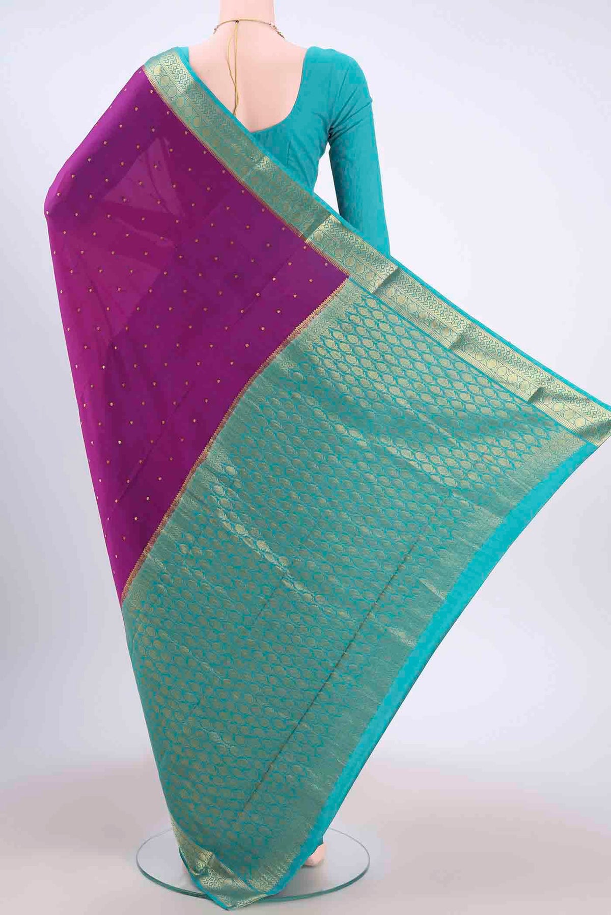 Flat view of Purple Mysore Crepe Saree with Zari Butta on the body and Zari Border