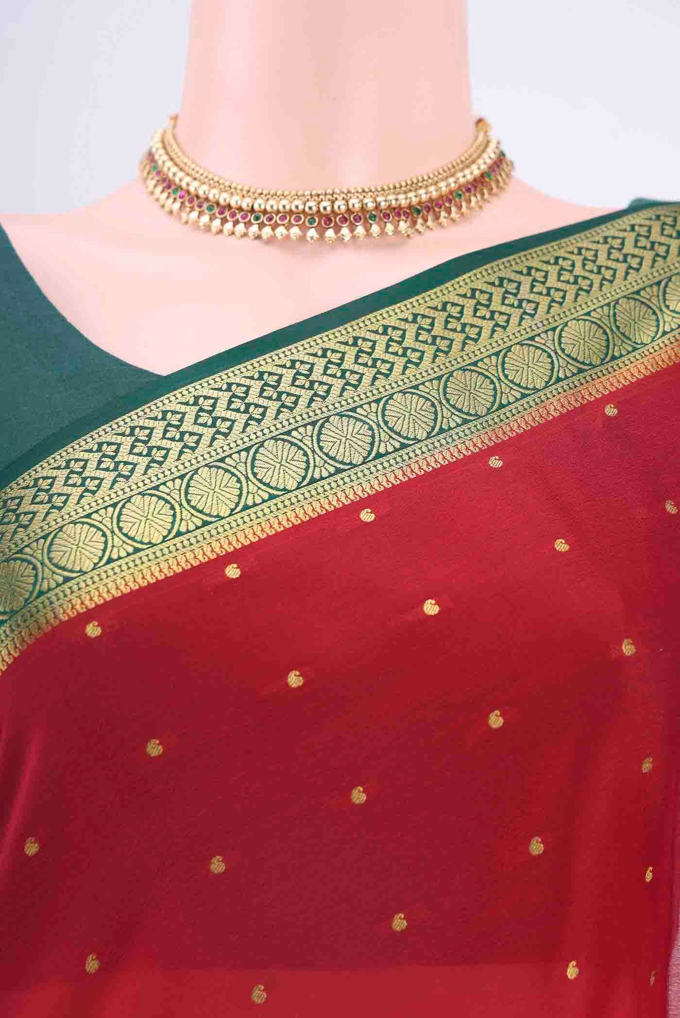 Border image of Deep Red Mysore Crepe Saree with Zari Butta on the body and Zari Border