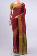 Maroon Uppada Silk Saree with Zari Butta on the body and Zari Border displayed on a mannequin