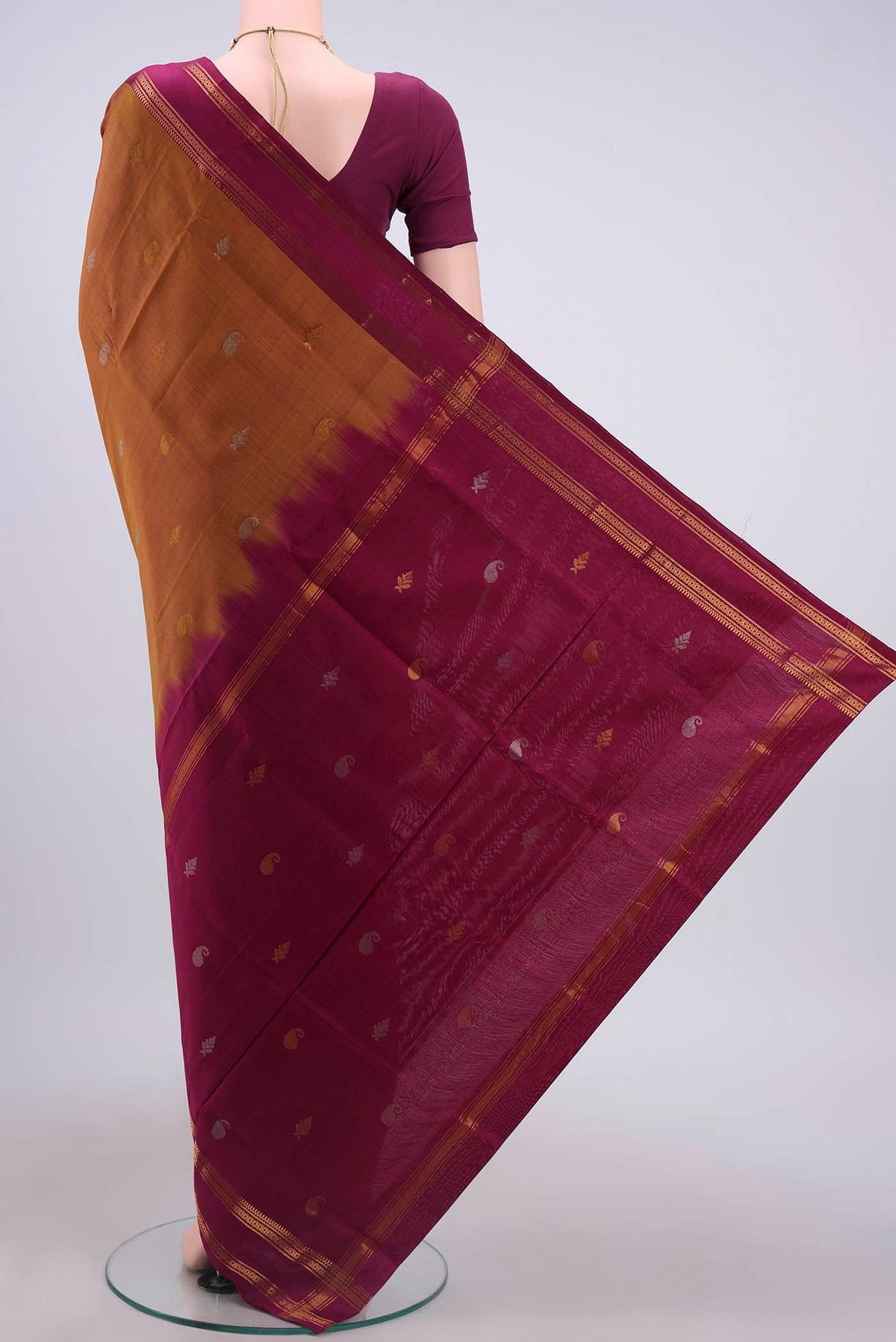 Flat view of Mustard Uppada Silk Saree with Zari Butta on the body and Zari Border