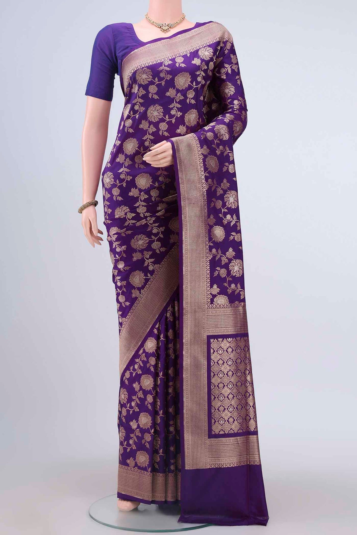 Purple Dual Tone Banarasi Silk Saree with Zari Brocade on the body and Zari Border displayed on a mannequin