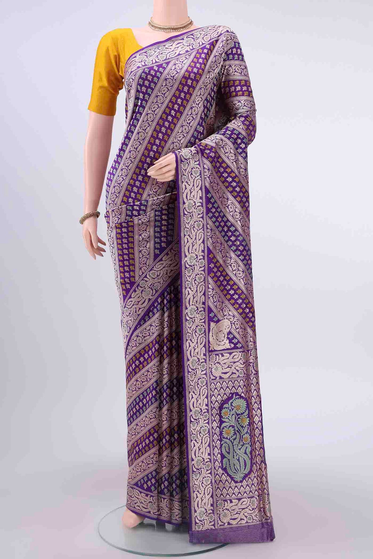 Purple Dual Tone Banarasi Silk Saree with Jacquard With Zari Butta on the body and Zari Border displayed on a mannequin