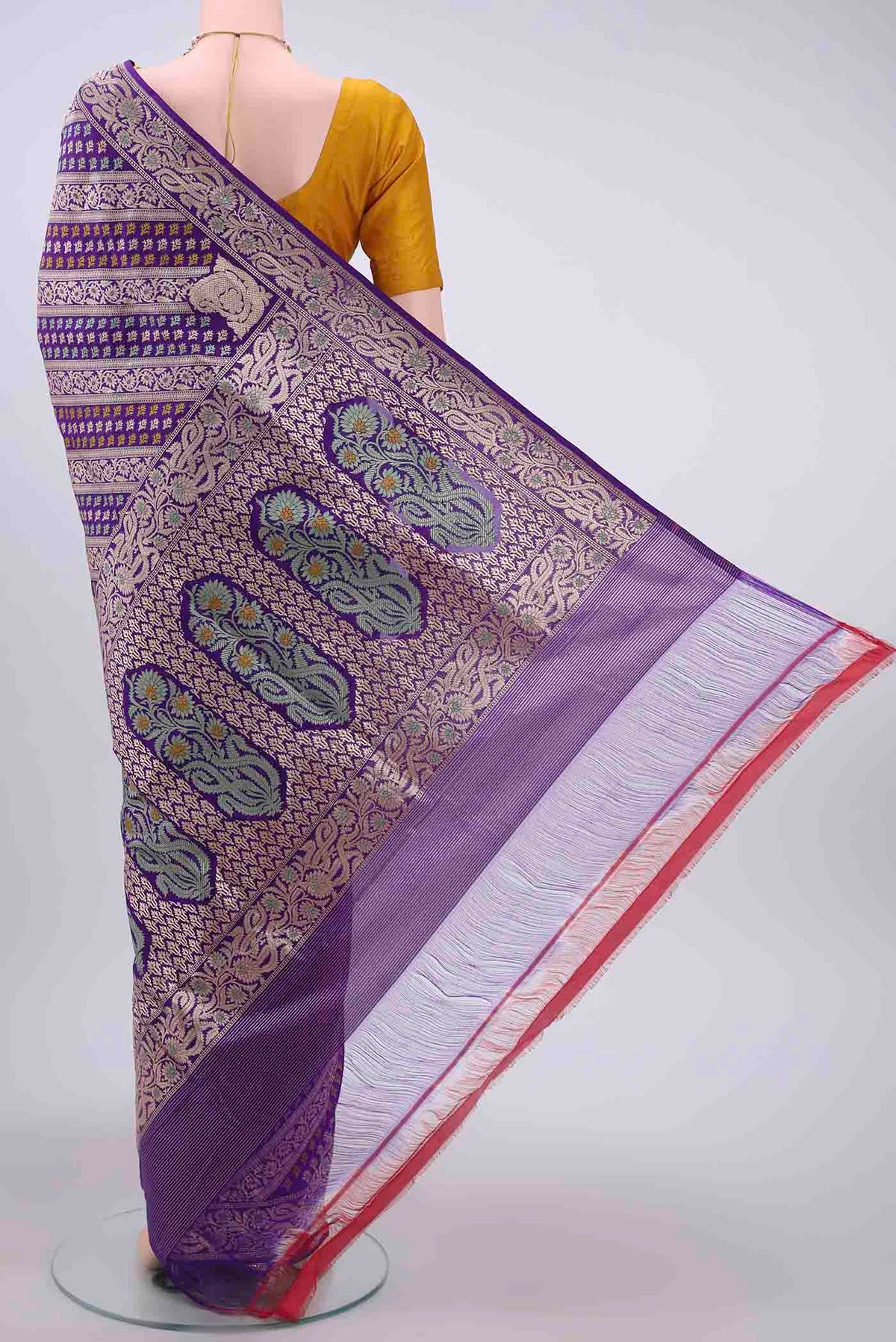 Flat view of Purple Dual Tone Banarasi Silk Saree with Jacquard With Zari Butta on the body and Zari Border