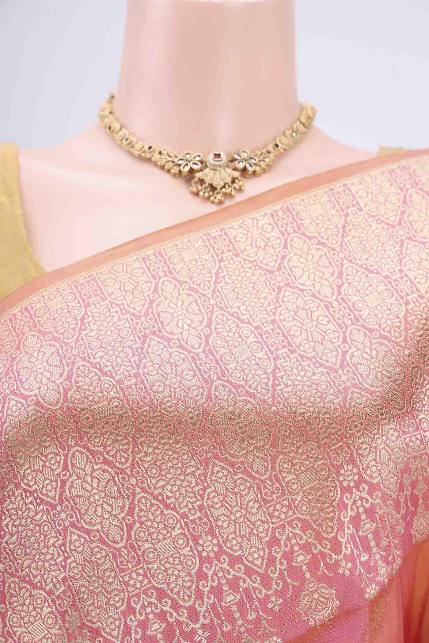Border image of Peach Dual Tone Banarasi Silk Saree with Zari And Thread Butta on the body and Zari And Thread Border. 