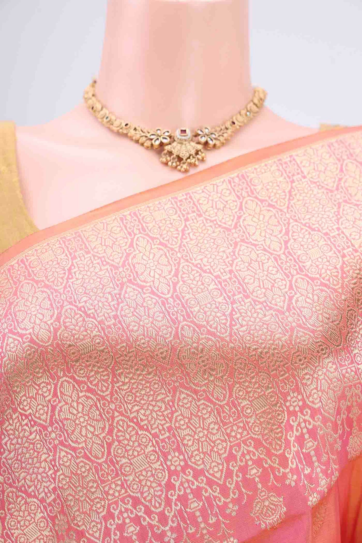 Border image of Peach Dual Tone Banarasi Silk Saree with Zari And Thread Butta on the body and Zari And Thread Border. 