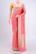 Peach Dual Tone Banarasi Silk Saree with Zari And Thread Butta on the body and Zari And Thread Border.  displayed on a mannequin