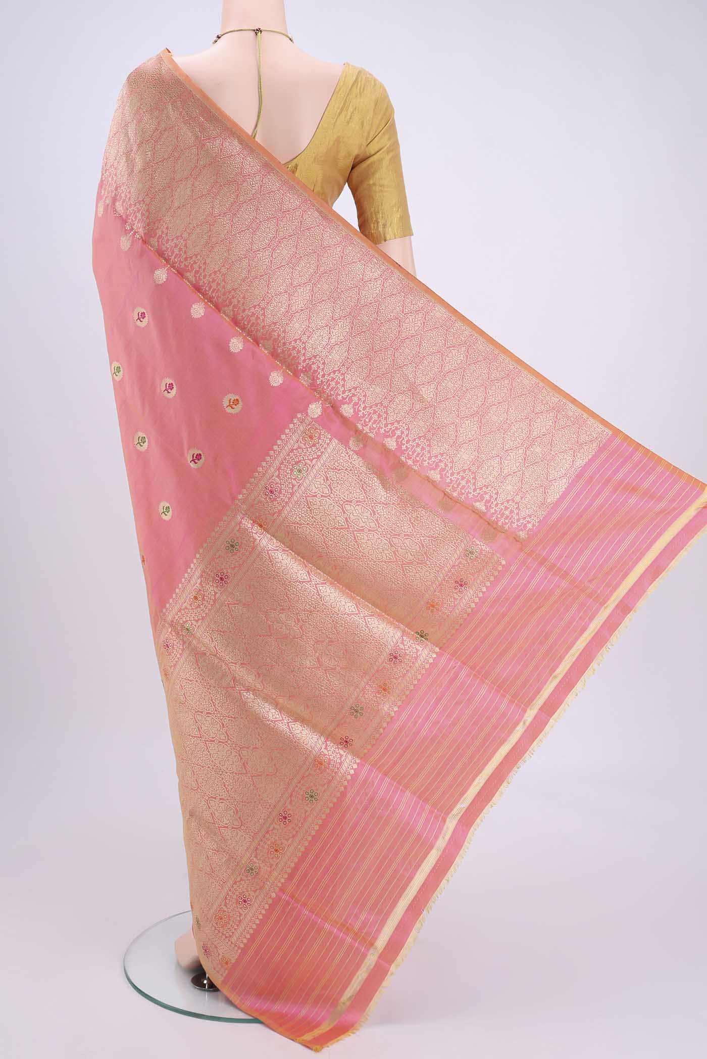 Flat view of Peach Dual Tone Banarasi Silk Saree with Zari And Thread Butta on the body and Zari And Thread Border. 