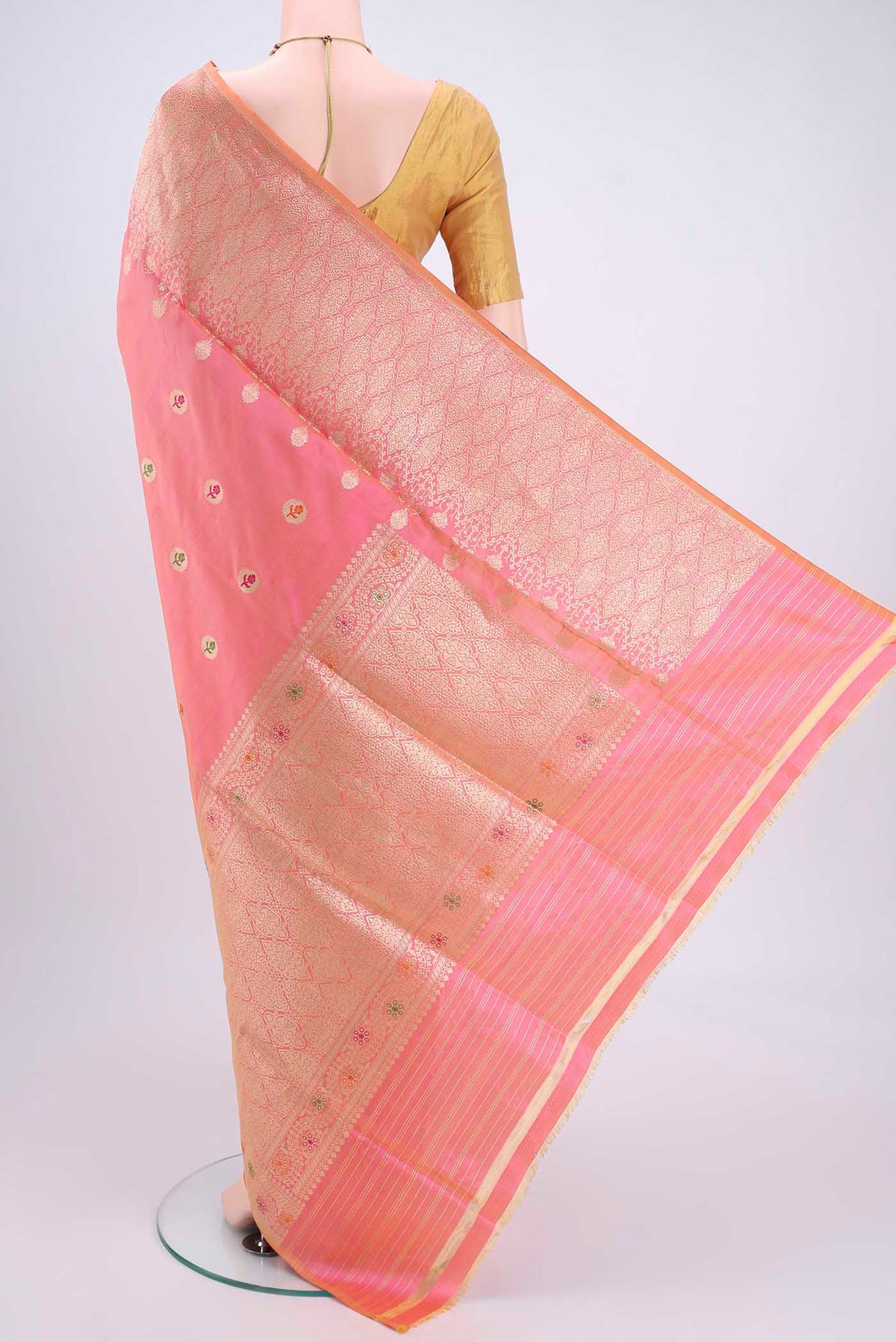 Flat view of Peach Dual Tone Banarasi Silk Saree with Zari And Thread Butta on the body and Zari And Thread Border. 