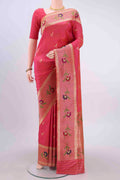 Pink Banarasi Silk Saree with Zari Butta on the body and Zari Border displayed on a mannequin
