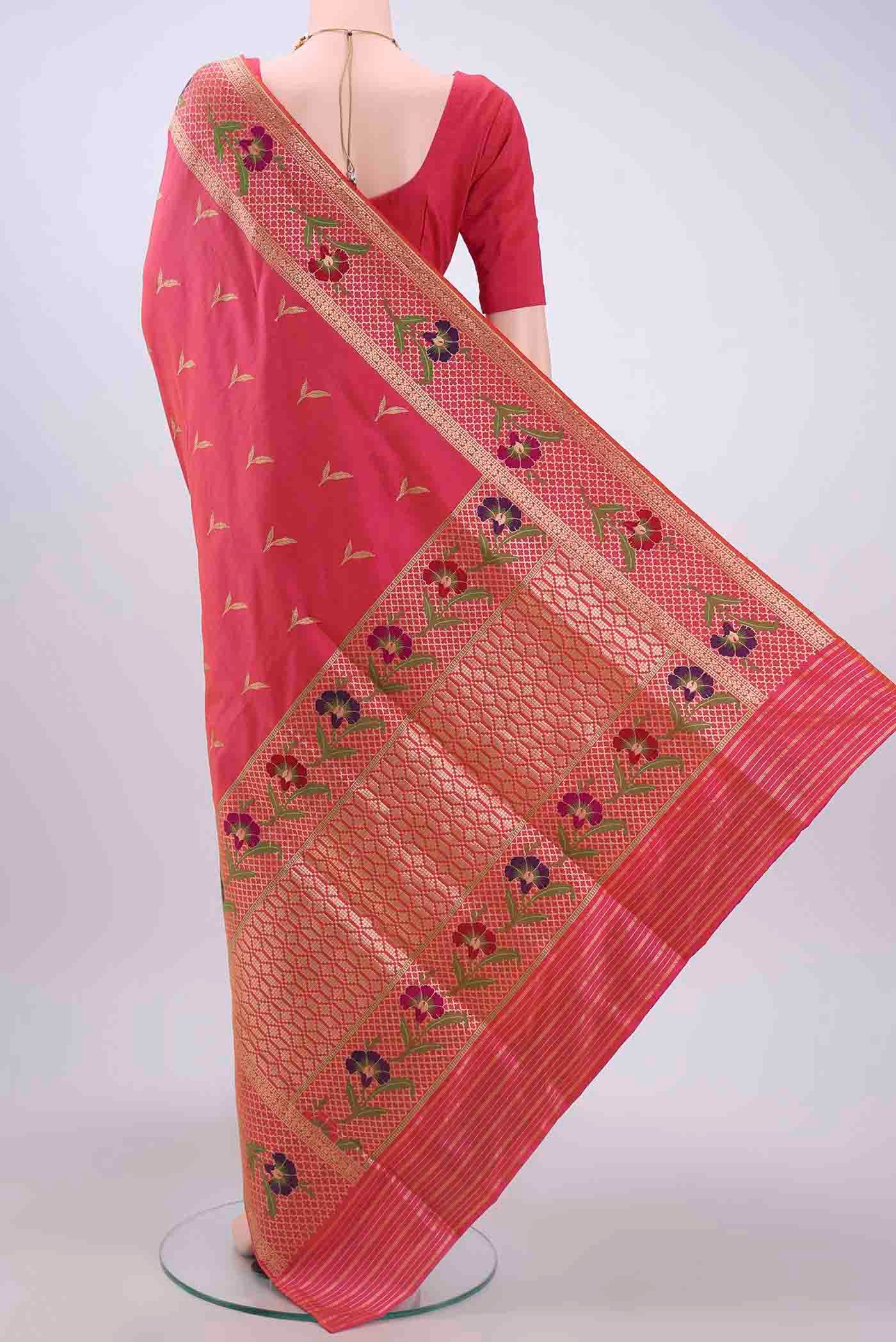 Flat view of Pink Banarasi Silk Saree with Zari Butta on the body and Zari Border