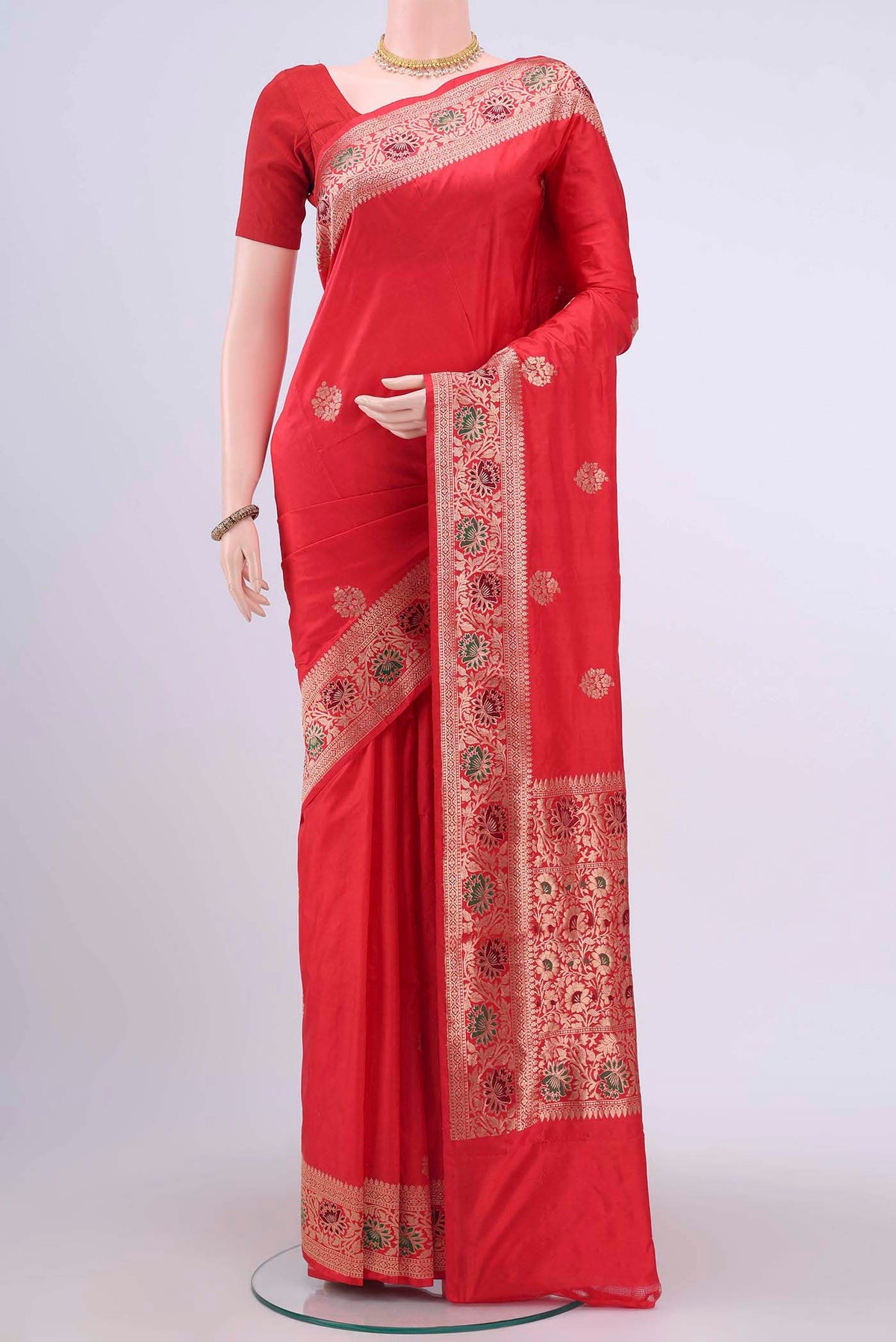 Red Dual Tone Banarasi Katan Silk Saree with Zari Butta on the body and Meenakari Border displayed on a mannequin
