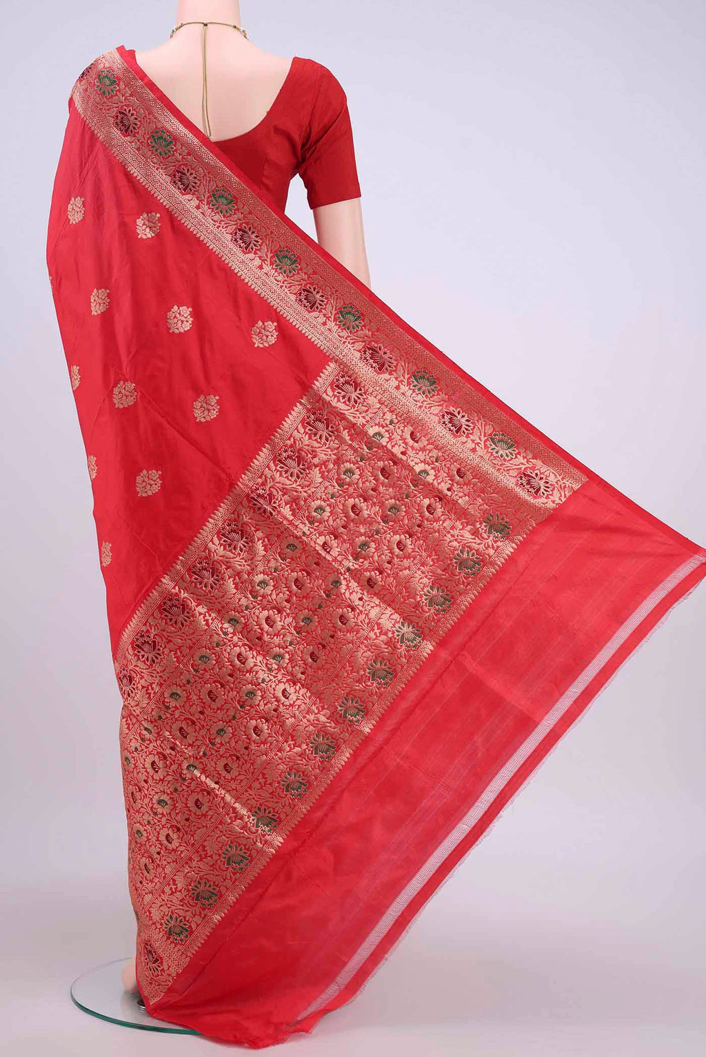 Flat view of Red Dual Tone Banarasi Katan Silk Saree with Zari Butta on the body and Meenakari Border