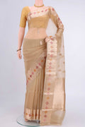 Beige Organza Silk Saree with Zari Butta on the body and Zari Border displayed on a mannequin