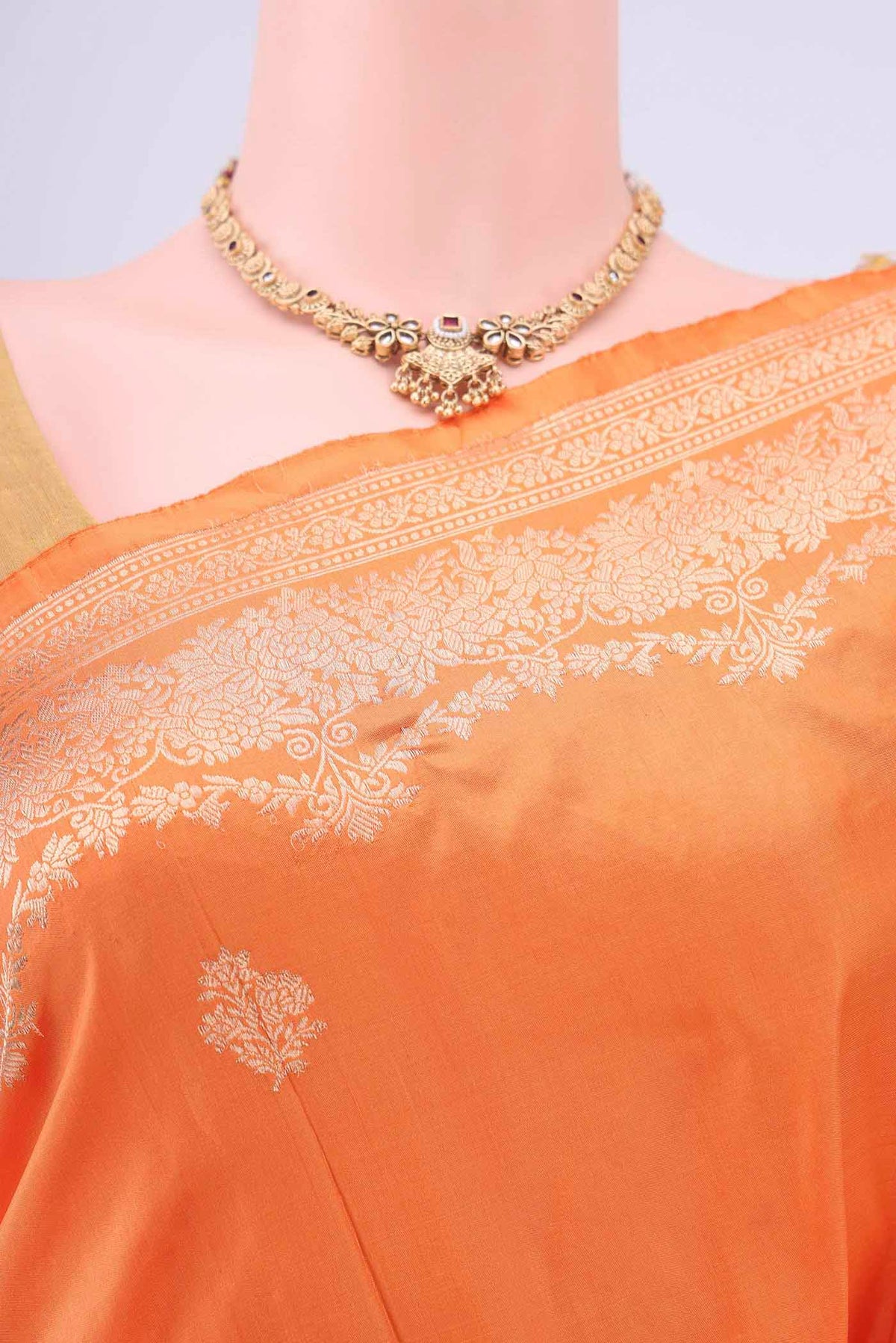 Border image of Orange Dual Tone Banarasi Katan Silk Saree with Zari Butta on the body and Zari Border