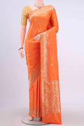 Orange Dual Tone Banarasi Katan Silk Saree with Zari Butta on the body and Zari Border displayed on a mannequin