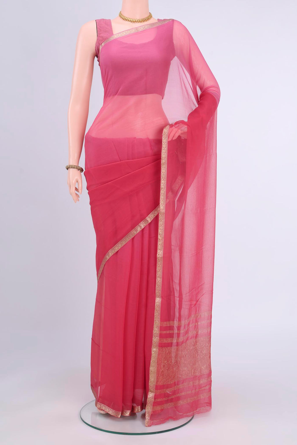 Imperial Pink Dual Tone Mysore Chiffon Saree with Plain Body and Zari Border displayed on a mannequin