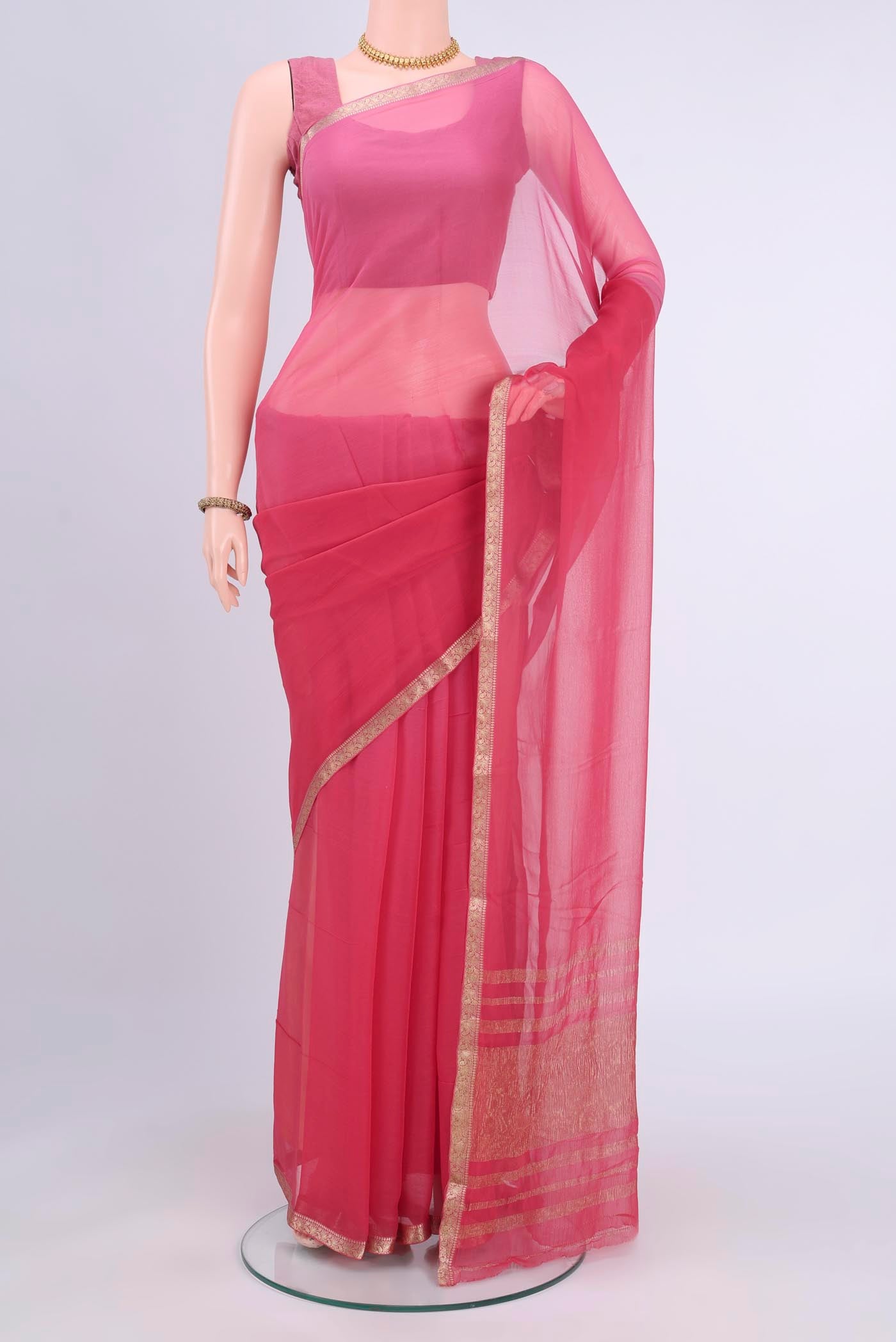 Imperial Pink Dual Tone Mysore Chiffon Saree with Plain Body and Zari Border displayed on a mannequin