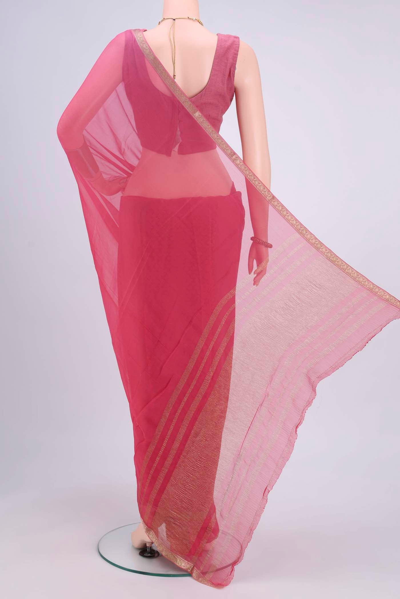 Flat view of Imperial Pink Dual Tone Mysore Chiffon Saree with Plain Body and Zari Border