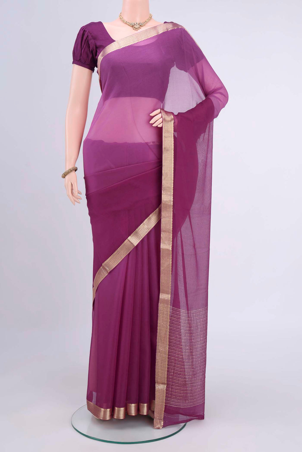 Light Magenta Dual Tone Mysore Chiffon Saree with Plain Body and Zari Border displayed on a mannequin