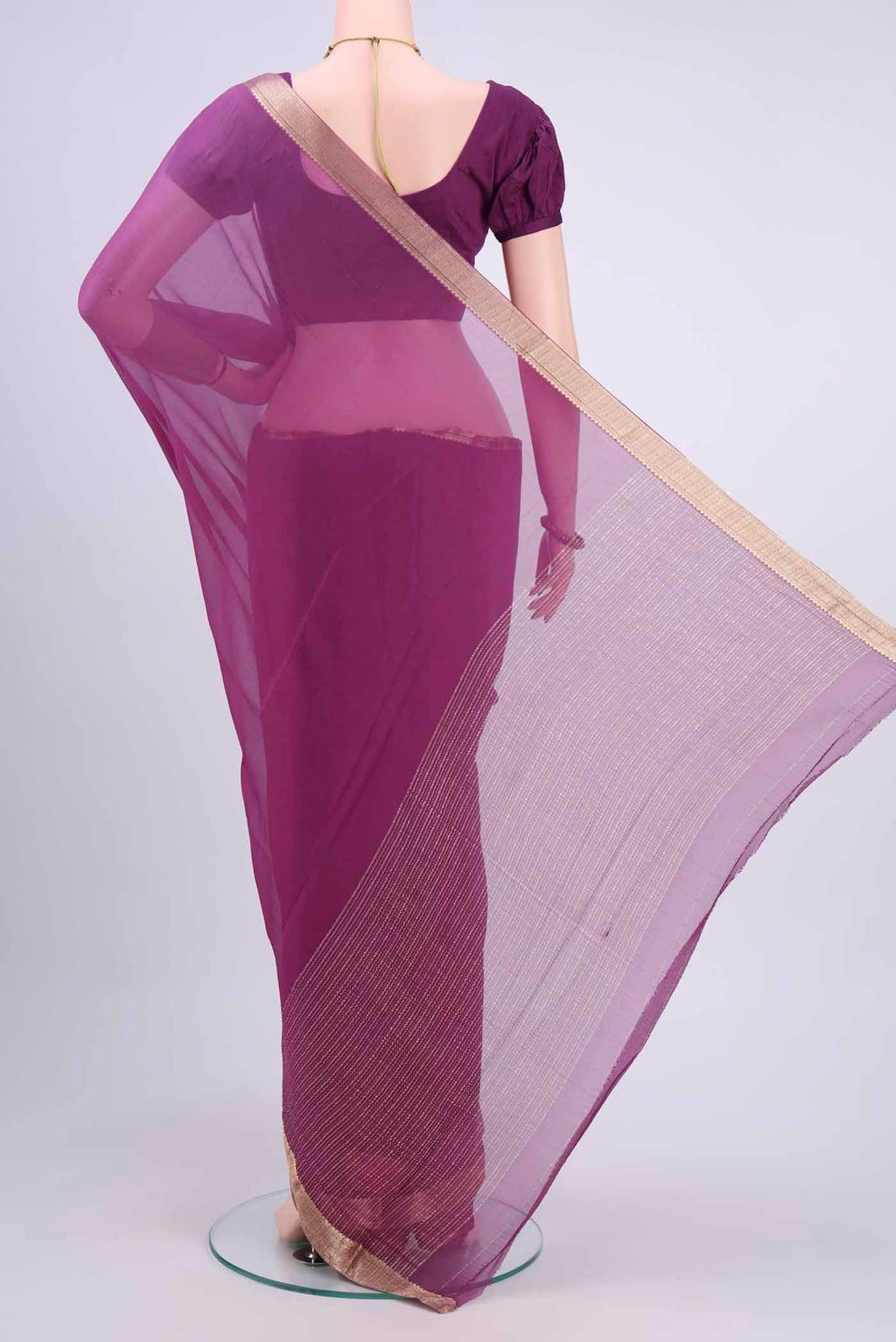 Flat view of Light Magenta Dual Tone Mysore Chiffon Saree with Plain Body and Zari Border