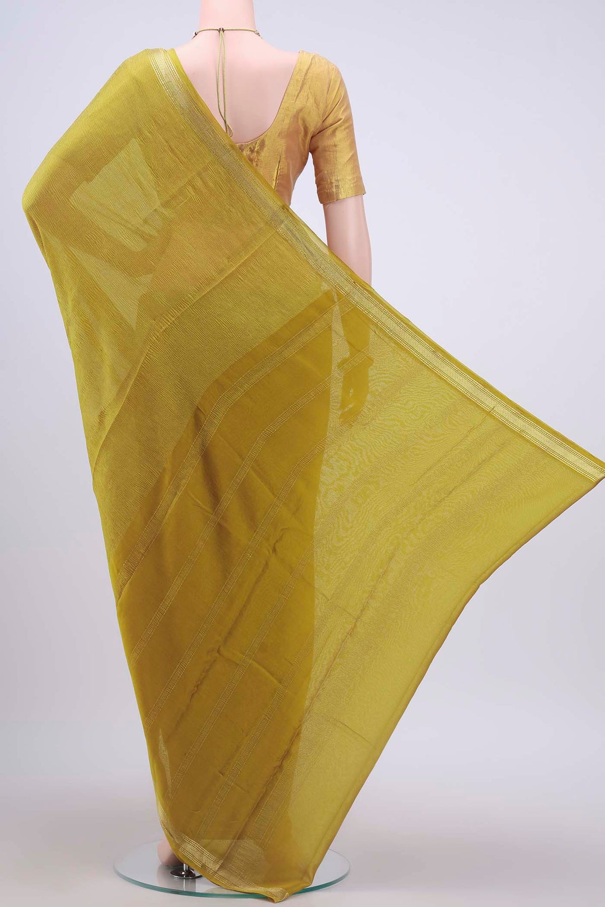 Flat view of Mehandi Green Mysore Chiffon Saree with Plain Body and Zari Border
