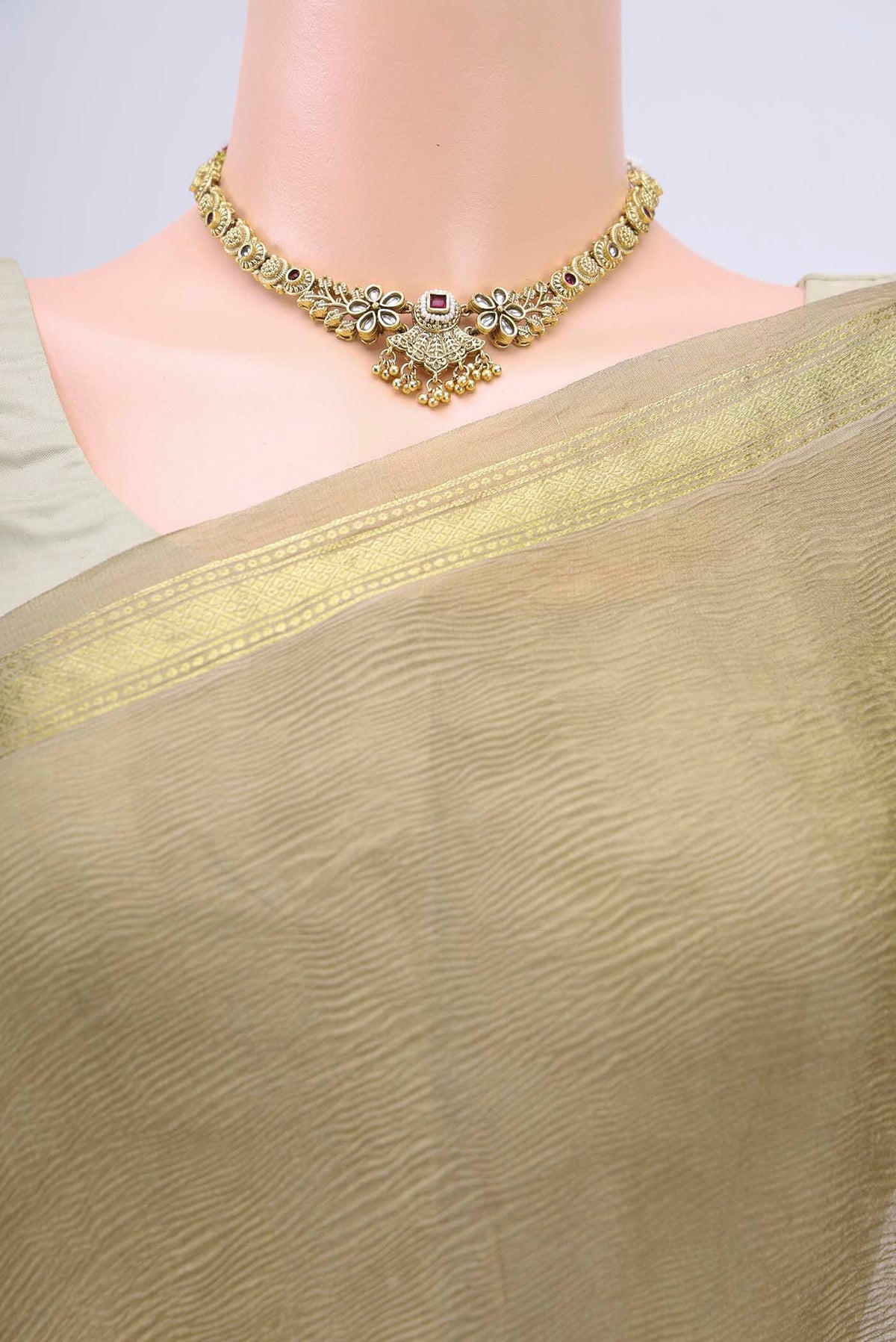 Border image of Beige Mysore Chiffon Saree with Plain Body and Zari Border