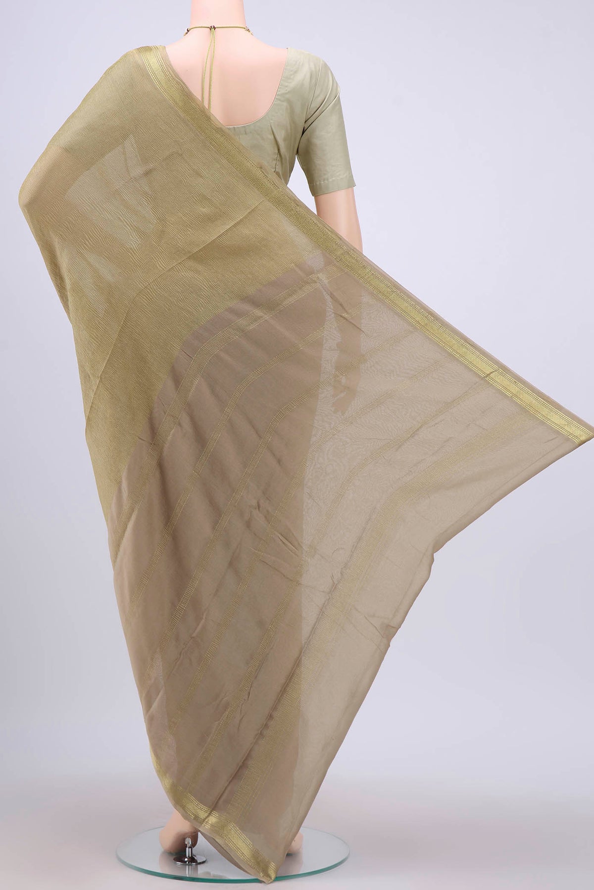Flat view of Beige Mysore Chiffon Saree with Plain Body and Zari Border