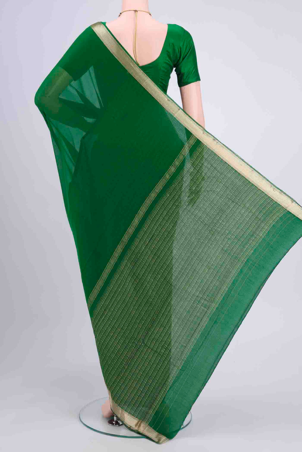 Flat view of Bottle Green Dual Tone Mysore Chiffon Saree with Plain Body and Zari Border