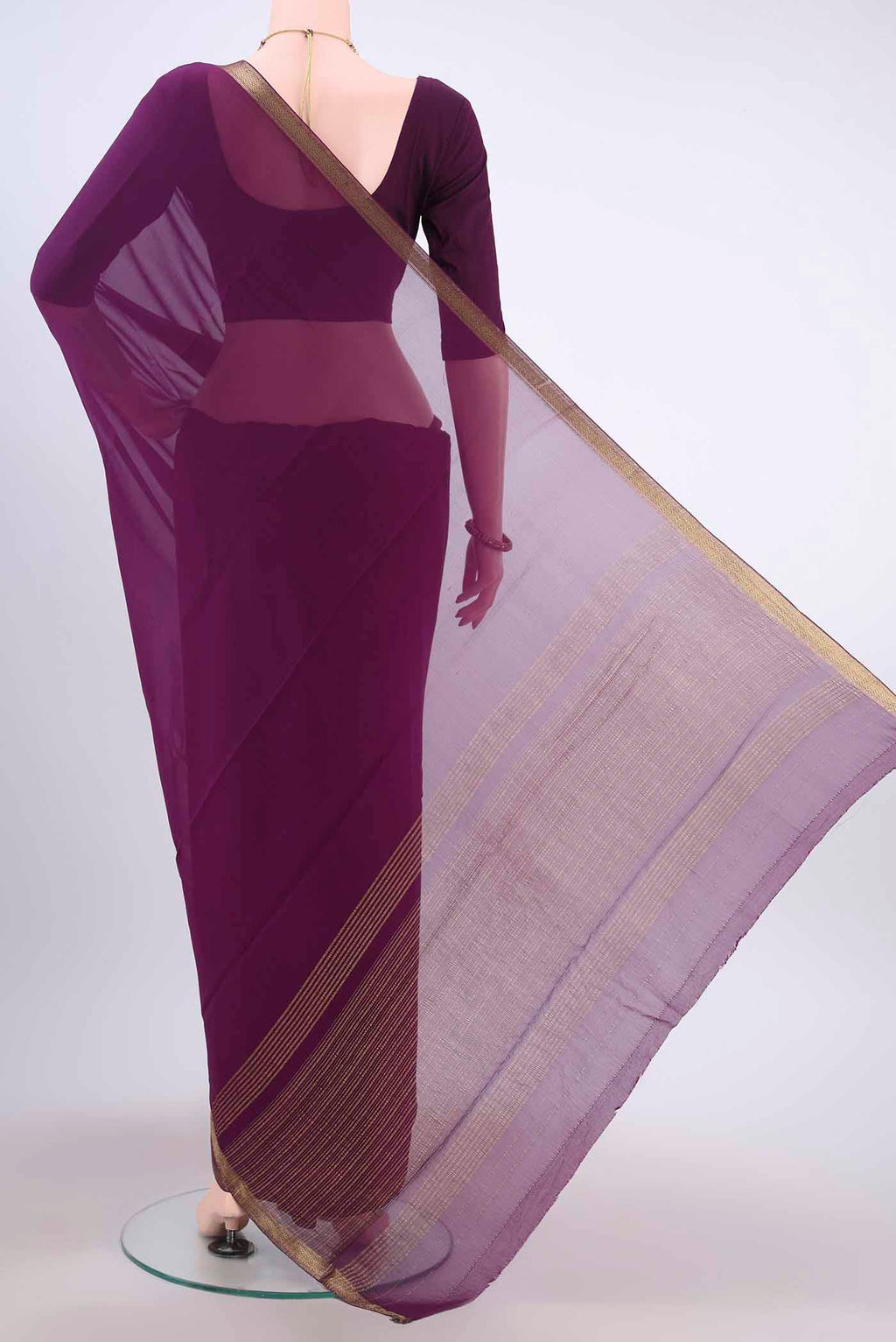 Flat view of Violet Mysore Georgette Saree with Plain Body and Zari Border