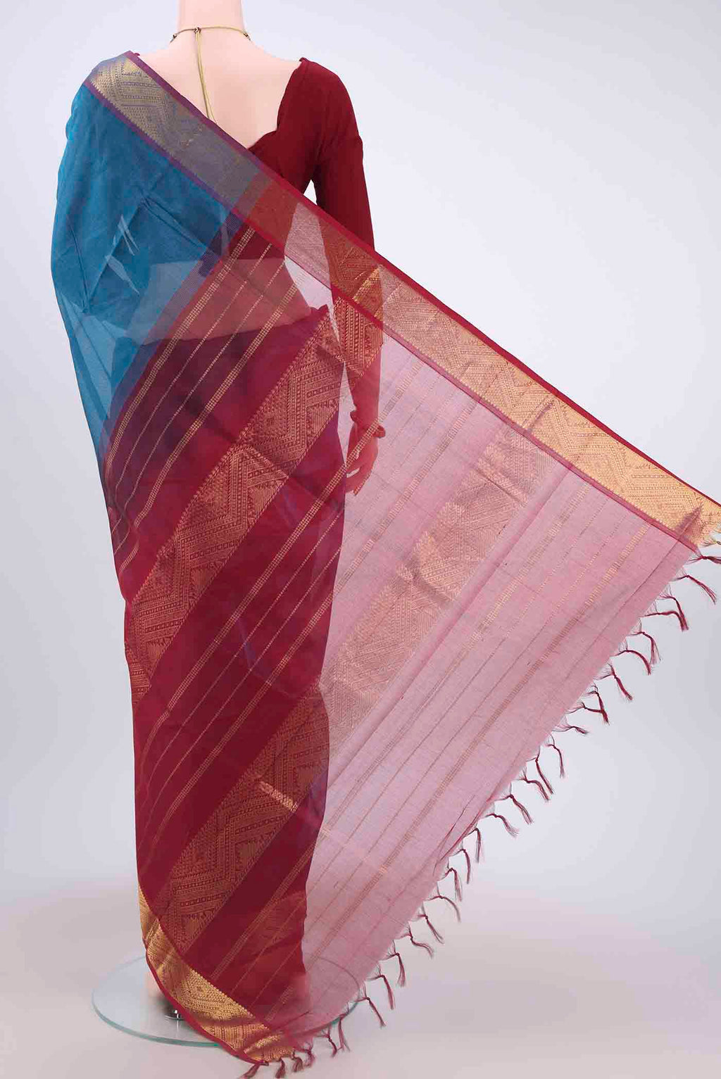 Flat view of Blue Silk Cotton Saree with Plain Body and Zari Border
