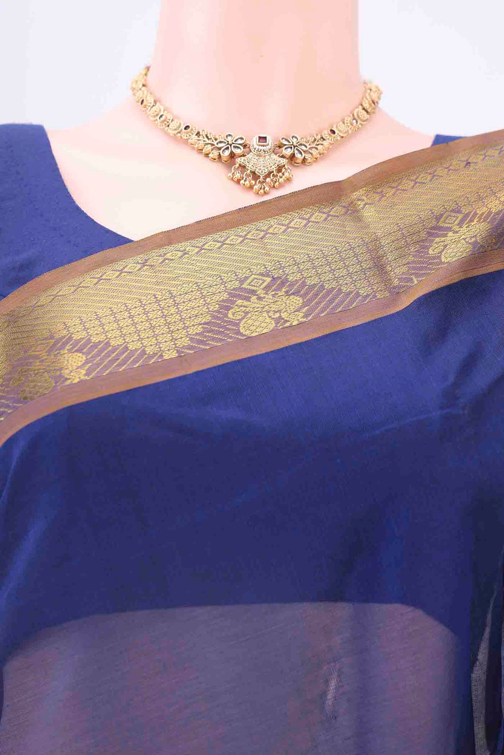 Border image of Dark Blue Blended Coimbatore Silk Cotton Saree with Plain Body and Zari Border