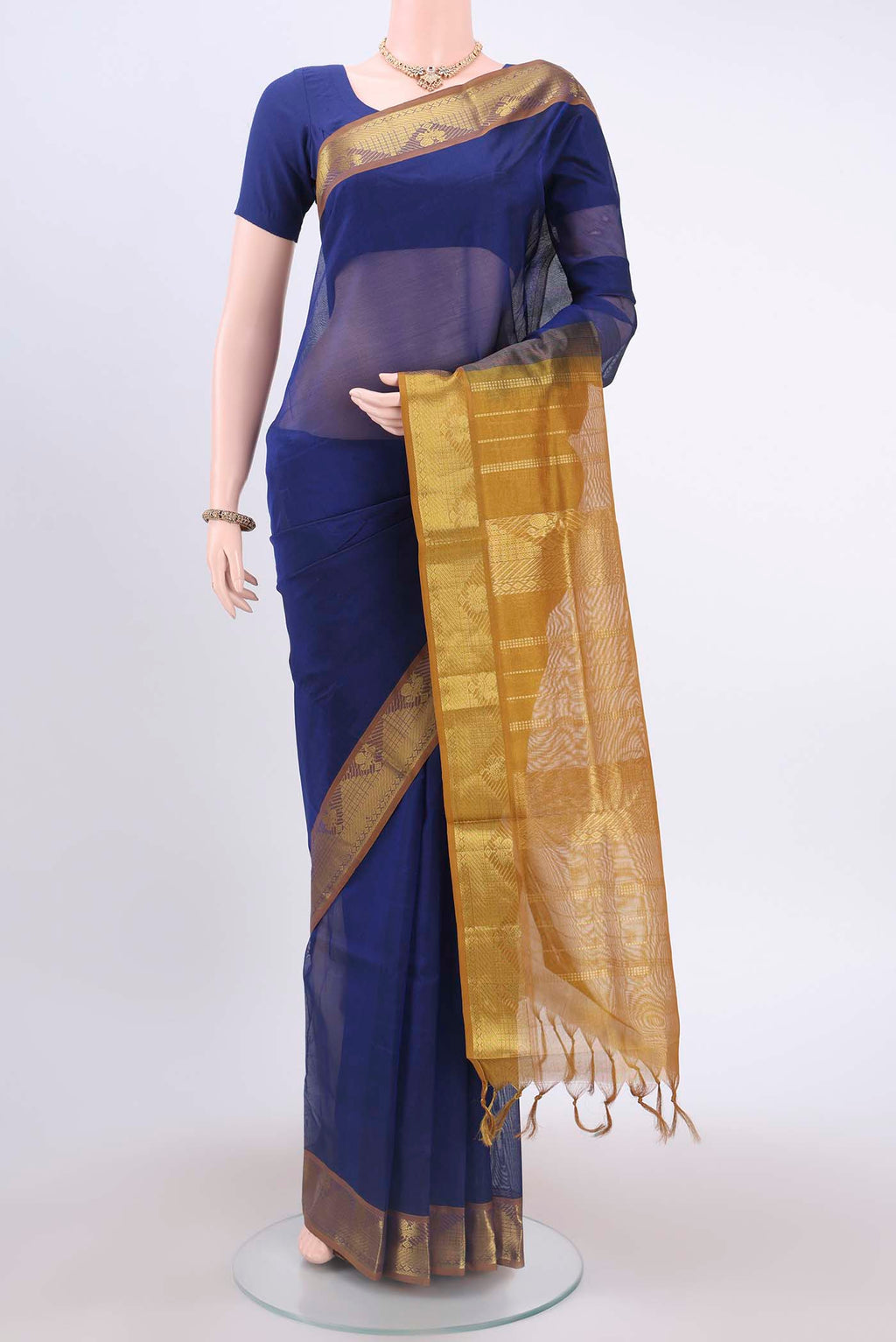 Dark Blue Blended Coimbatore Silk Cotton Saree with Plain Body and Zari Border displayed on a mannequin