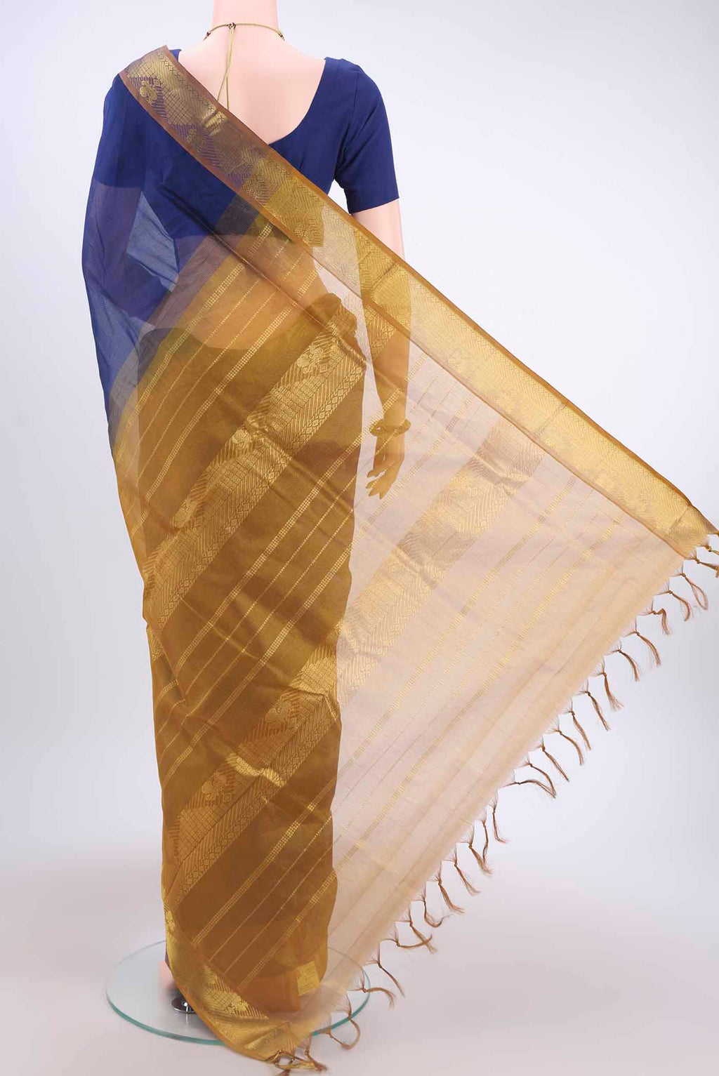 Flat view of Dark Blue Blended Coimbatore Silk Cotton Saree with Plain Body and Zari Border
