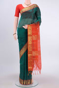 Sea Green Blended Coimbatore Silk Cotton Saree with Plain Body and Zari Border displayed on a mannequin