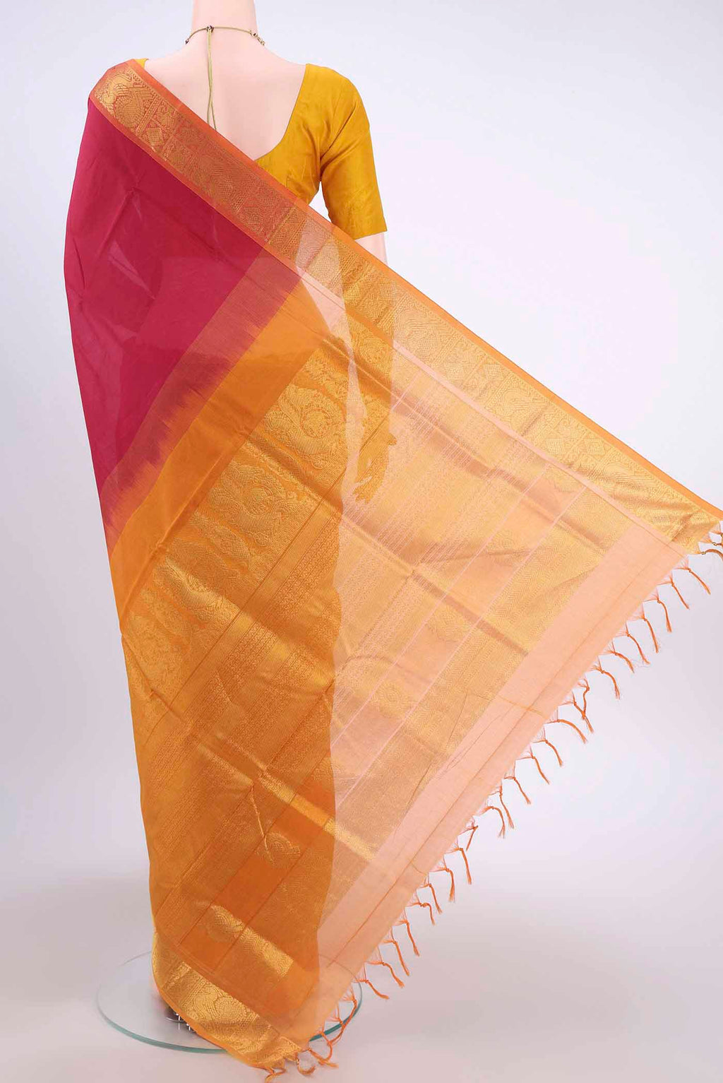 Flat view of Red Silk Cotton Saree with Plain Body and Zari Border