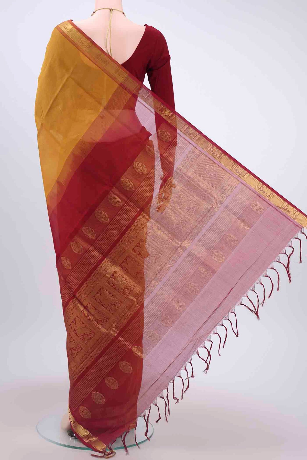 Flat view of Mustard Blended Coimbatore Silk Cotton Saree with Plain Body and Zari Border