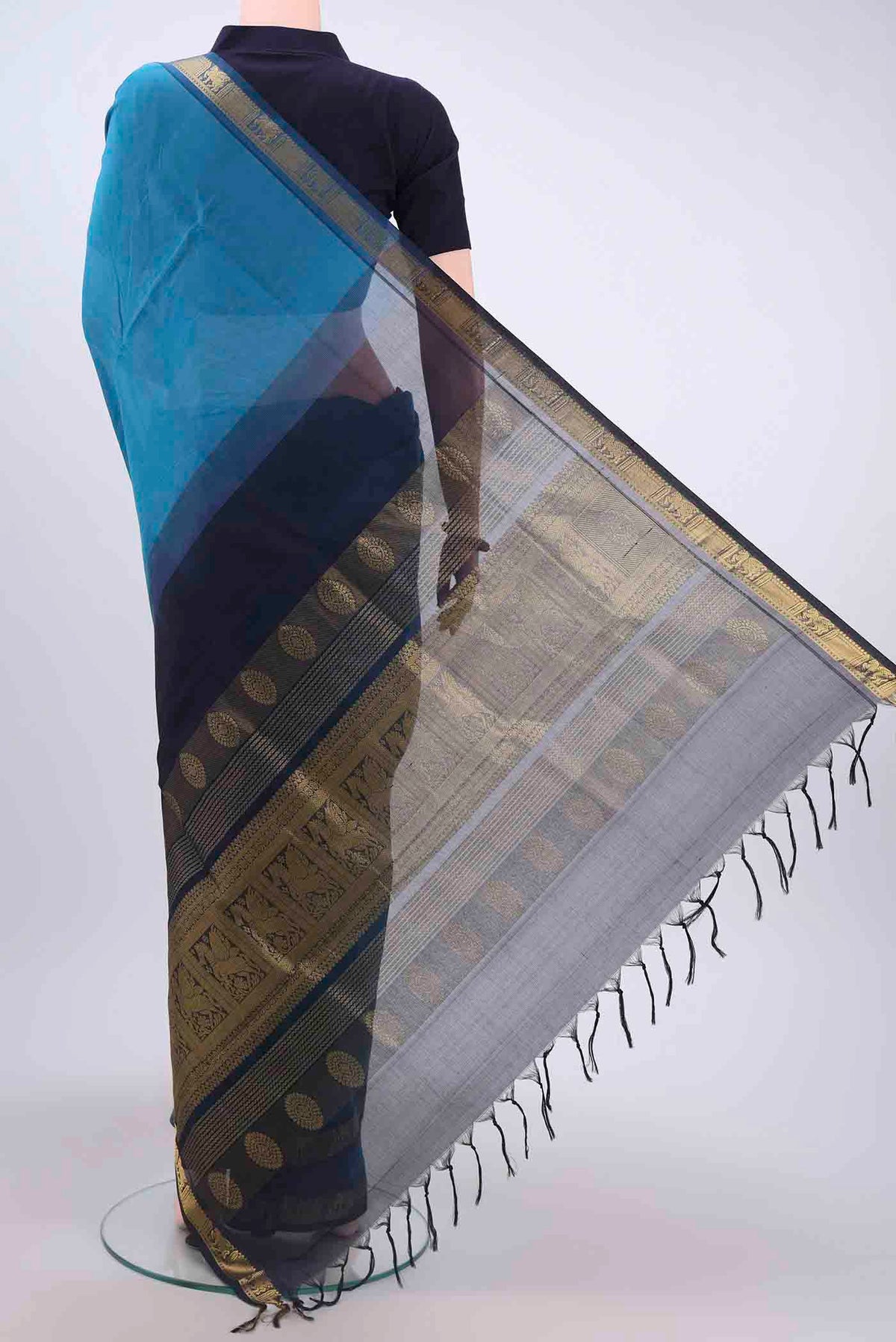 Flat view of Blue Silk Cotton Saree with Plain Body and Zari Border