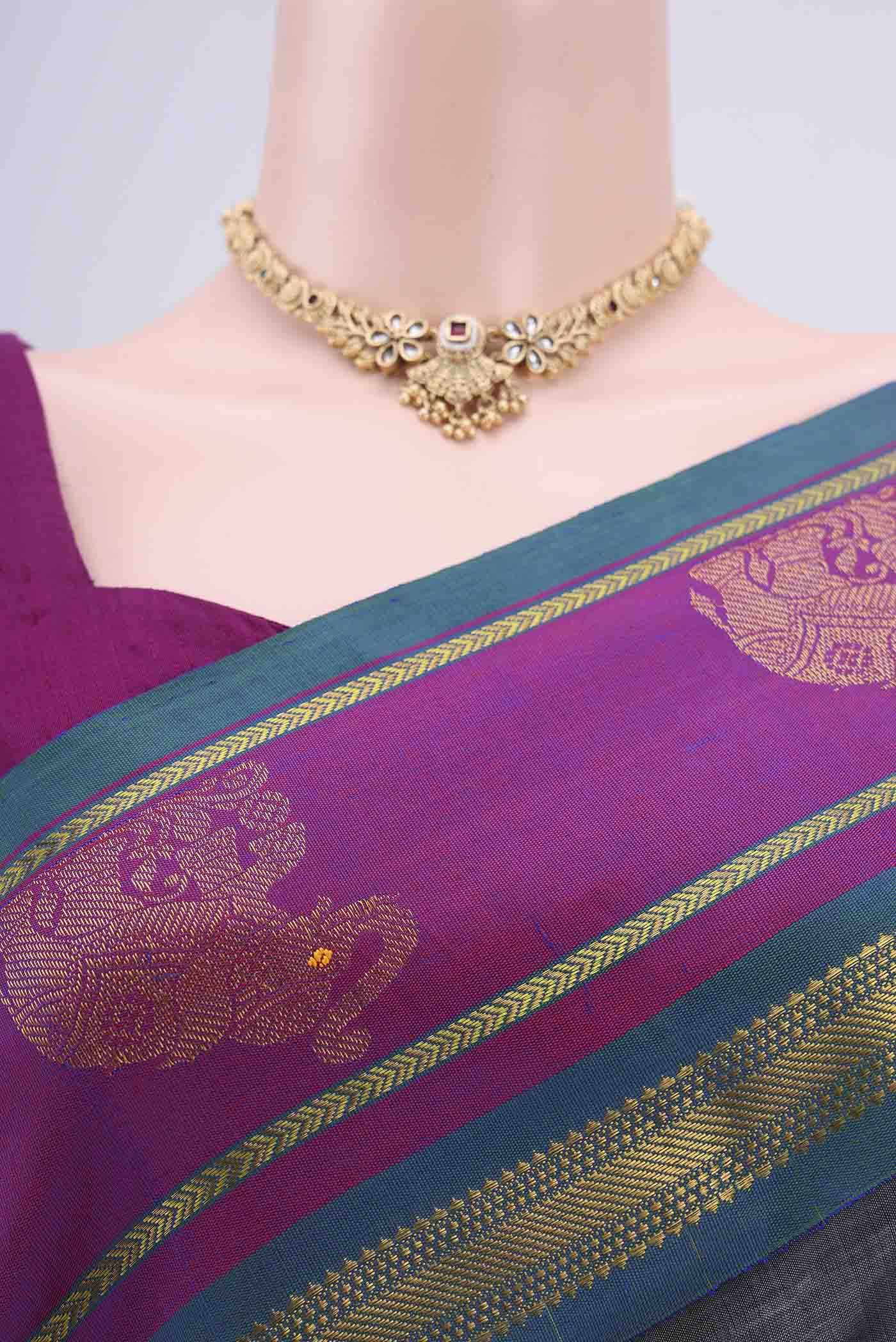 Border image of Grey Blended Coimbatore Silk Cotton Saree with Plain Body and Zari Border. 