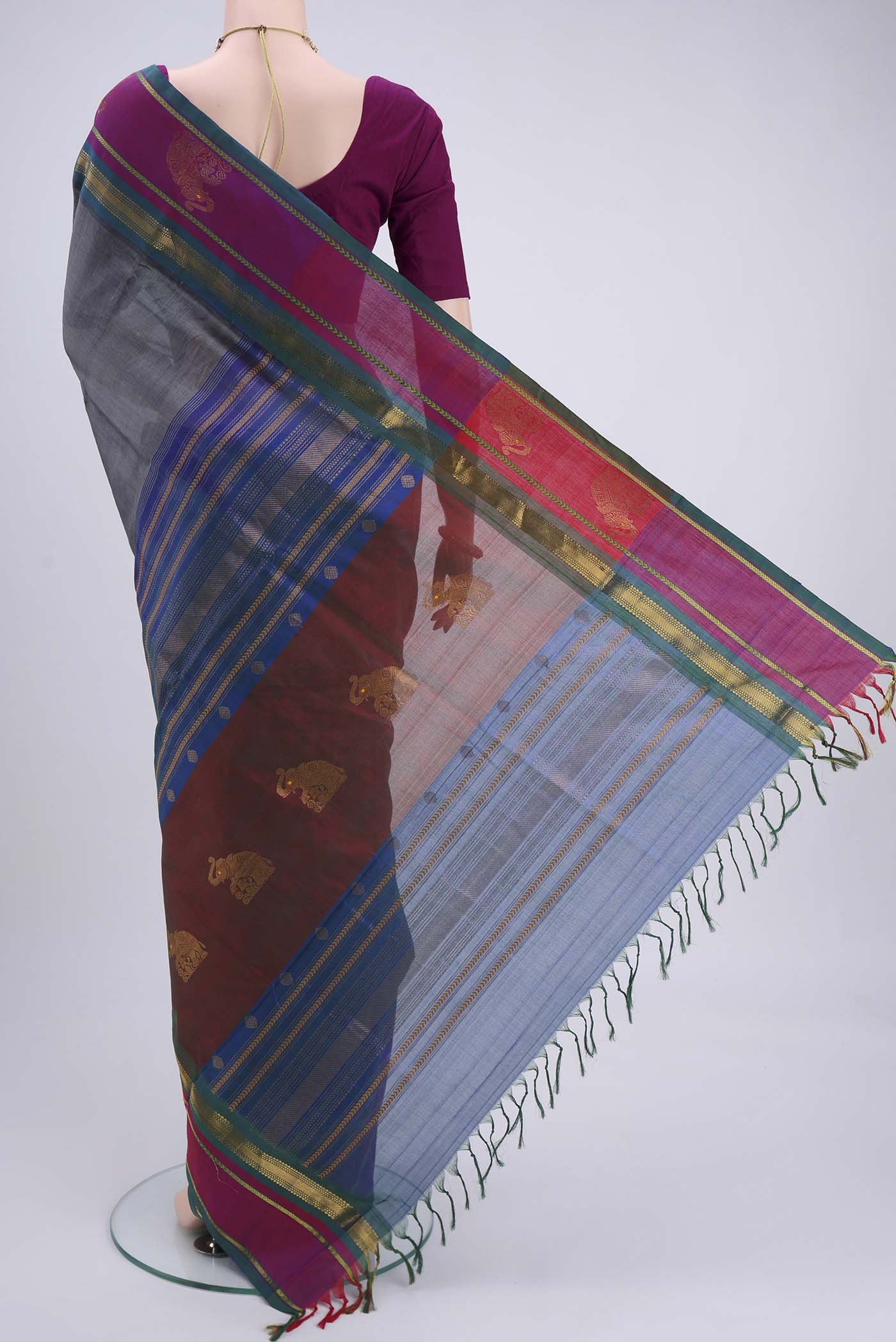 Flat view of Grey Blended Coimbatore Silk Cotton Saree with Plain Body and Zari Border. 