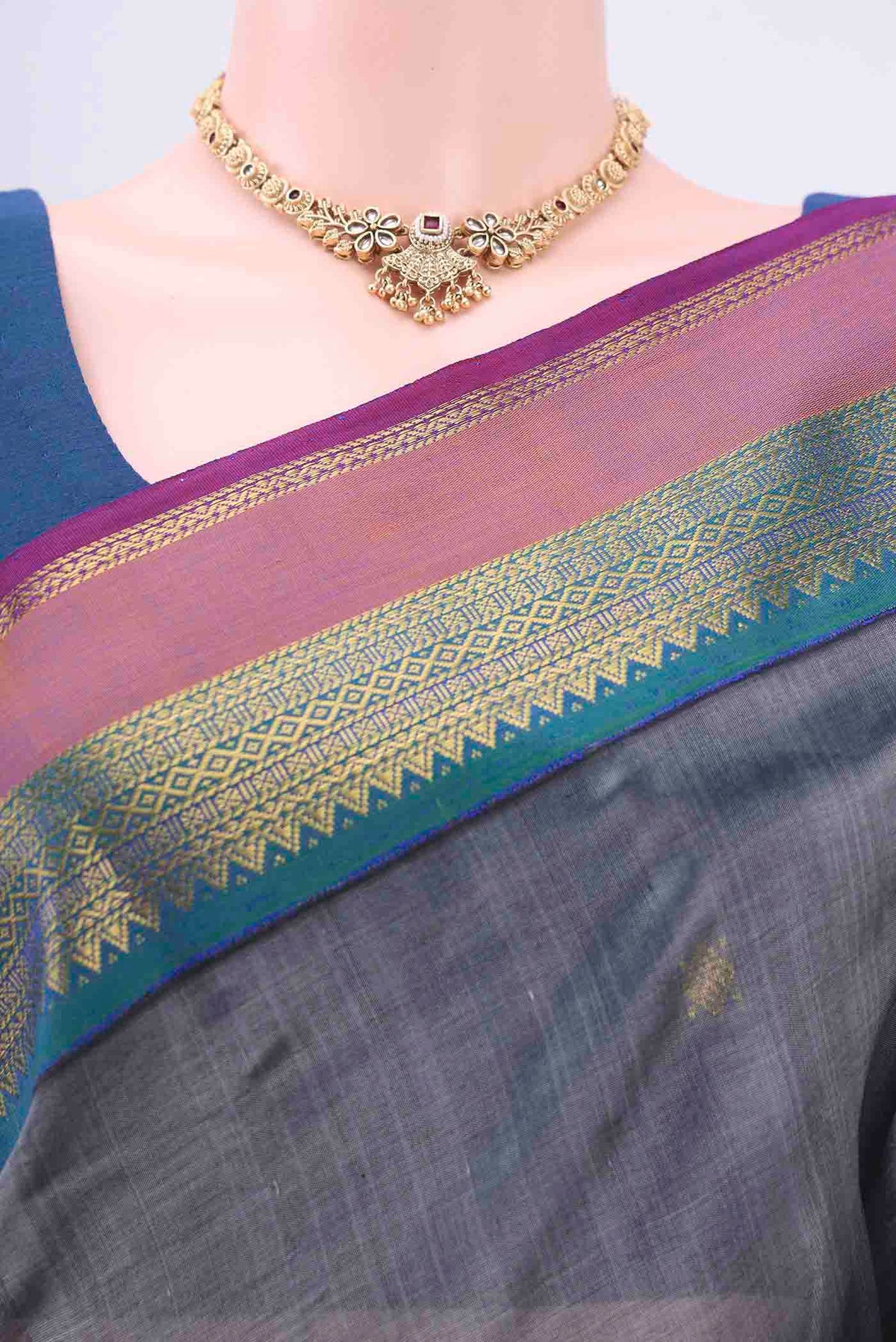 Border image of Blue Grey Silk Cotton Saree with Zari Butta on the body and Zari Border