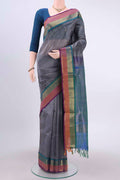 Blue Grey Silk Cotton Saree with Zari Butta on the body and Zari Border displayed on a mannequin